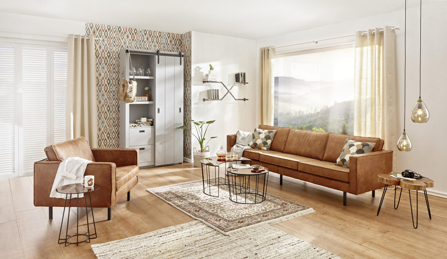 3-SITZER-SOFA Kombination Echtleder/Stoff Mikrofaser Cognac - Einrichtungsbeispiel