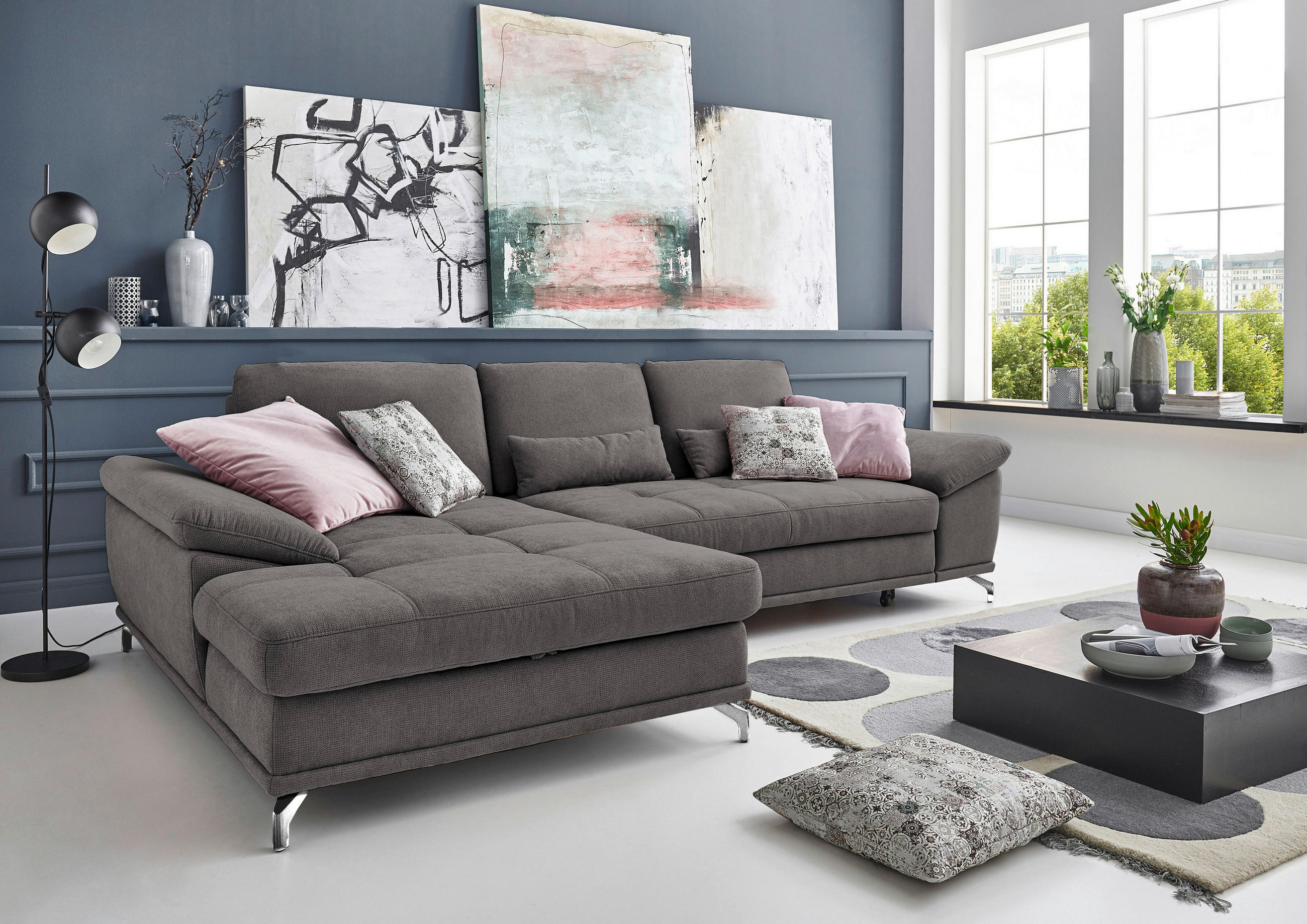 ECKSOFA Grau Flachgewebe Sitztiefenverstellung  - Silberfarben/Grau, KONVENTIONELL, Textil/Metall (176/301cm) - Sit & More
