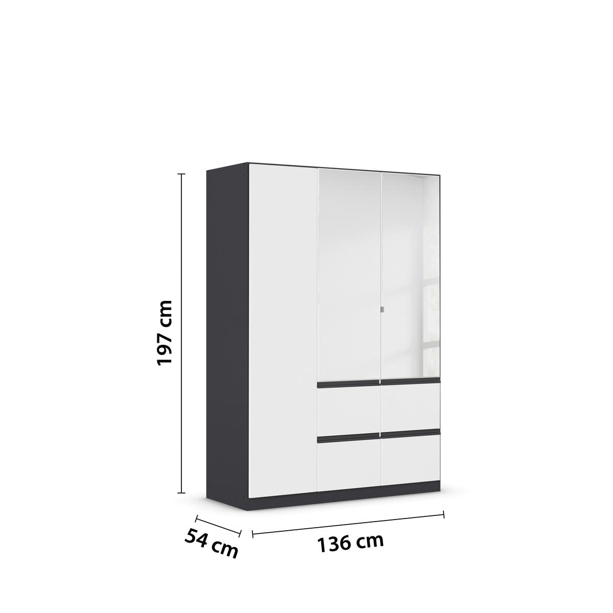 KLEIDERSCHRANK 3-türig Grau, Weiß  - Weiß/Grau, Trend, Glas/Holzwerkstoff (136/197/54cm) - Xora
