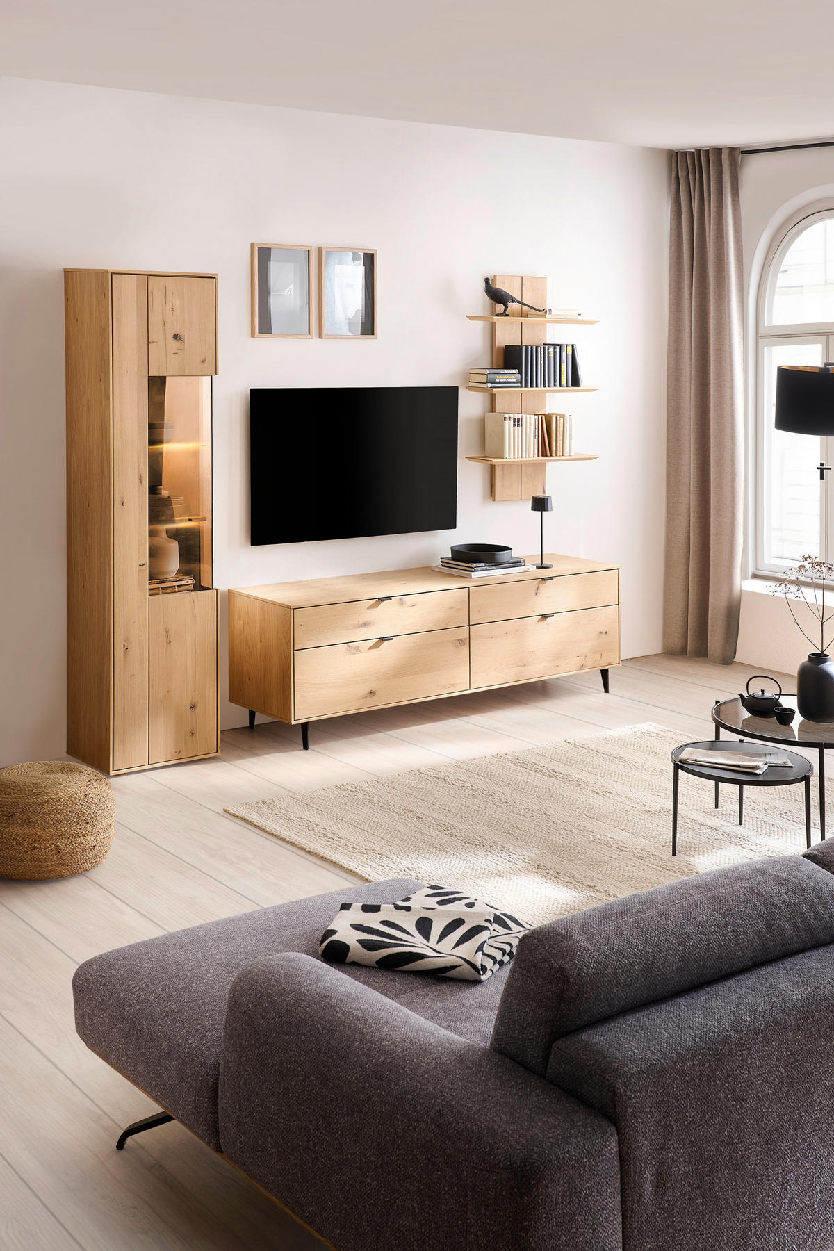 WOHNWAND  in Eichefarben  267/205/50 cm  - Eichefarben/Schwarz, Natur, Glas/Holz (267/205/50cm) - Cantus
