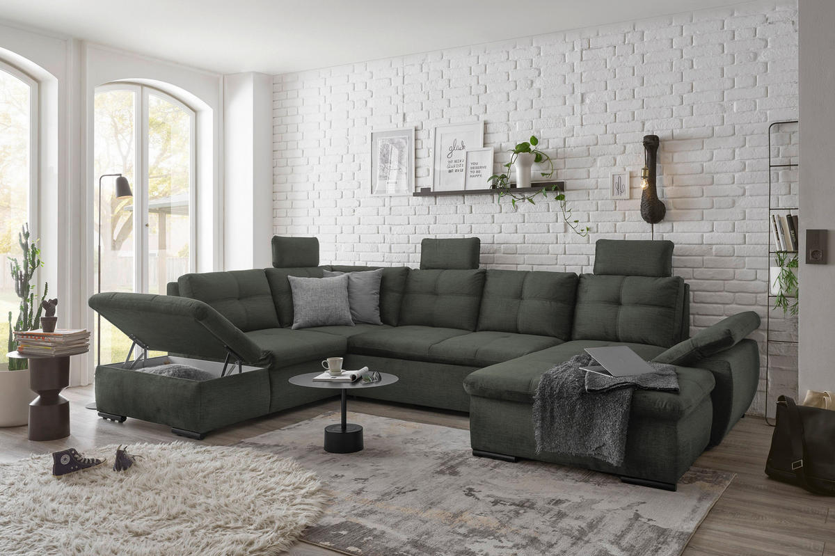 WOHNLANDSCHAFT Dunkelgrün Mikrovelours  - Dunkelgrün/Schwarz, KONVENTIONELL, Kunststoff/Textil (217/334/127cm) - Carryhome