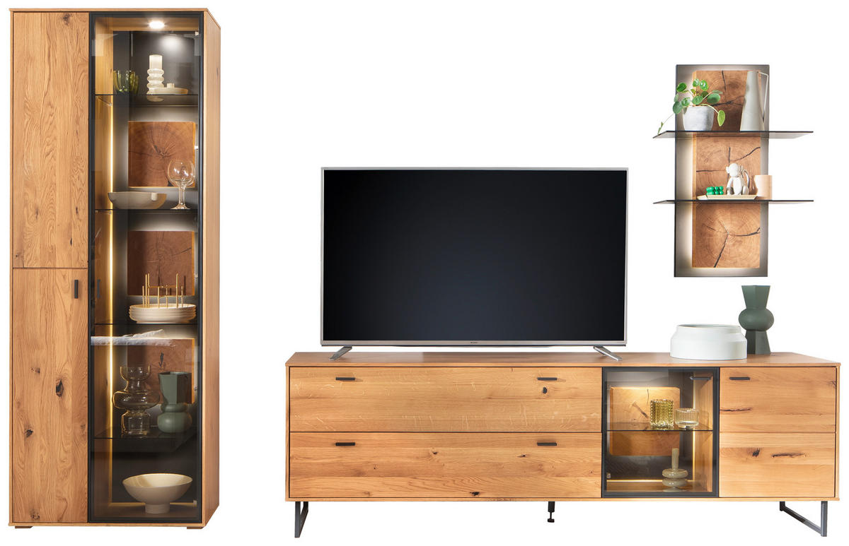 WOHNWAND  in Wildeiche 306/206/50 cm  - Wildeiche/Schwarz, Design, Glas/Holz (306/206/50cm) - MID.YOU