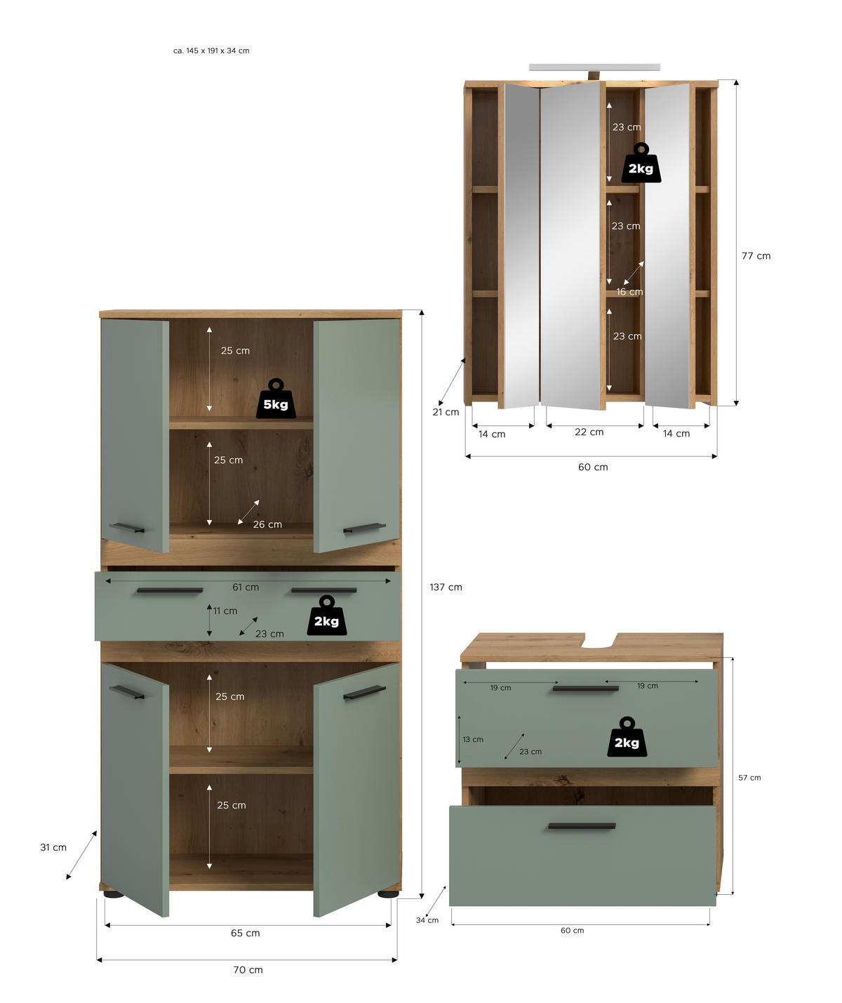 BADEZIMMER 4-teilig  in 145 cm  - Salbeigrün/Schwarz, Trend, Glas/Holzwerkstoff (145cm) - MID.YOU