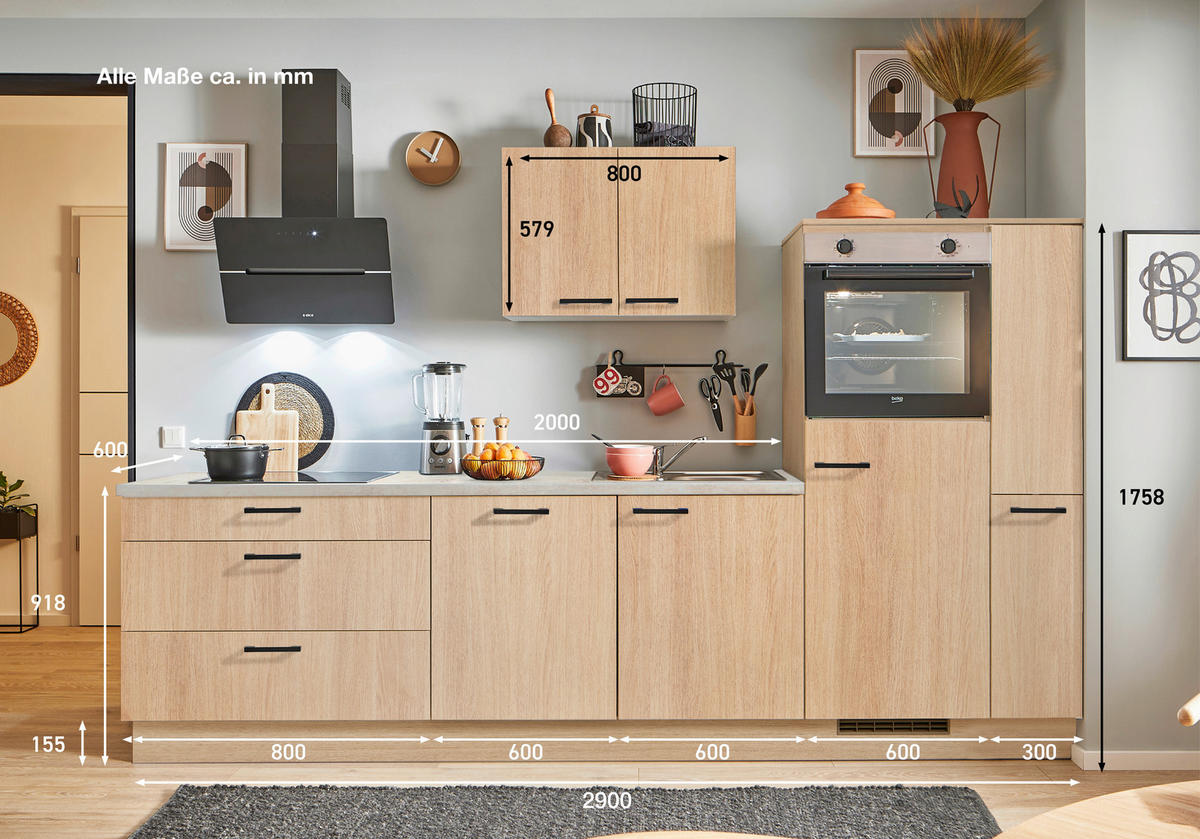 KÜCHENBLOCK PN 100 290 cm  in Eichefarben, Beigebraun  - Eichefarben/Beigebraun, Design, Holzwerkstoff/Metall (290cm) - Pino