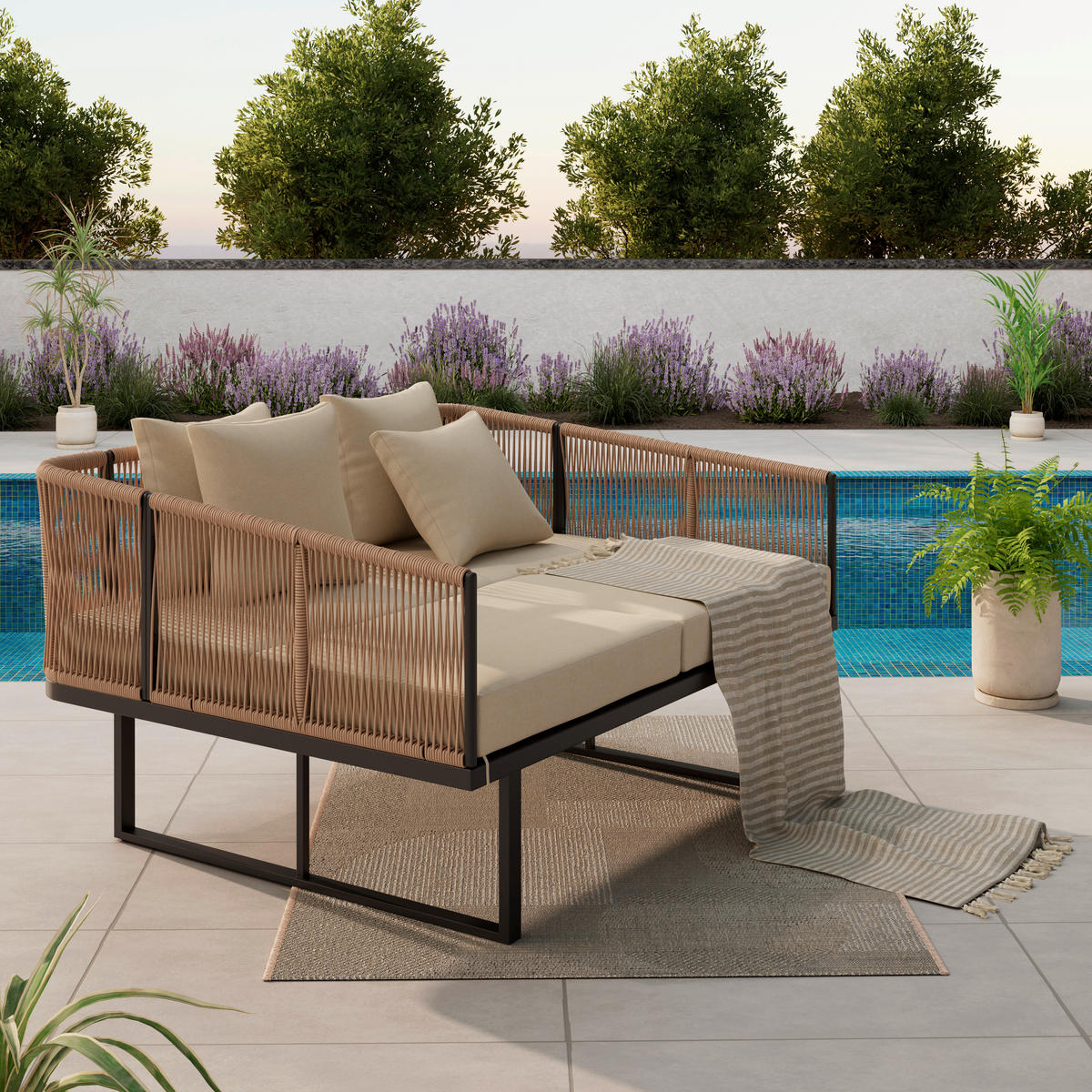 SONNENINSEL 160/120/84 cm  - Creme/Schwarz, Modern, Kunststoff/Textil (160/120/84cm) - Ambia Garden