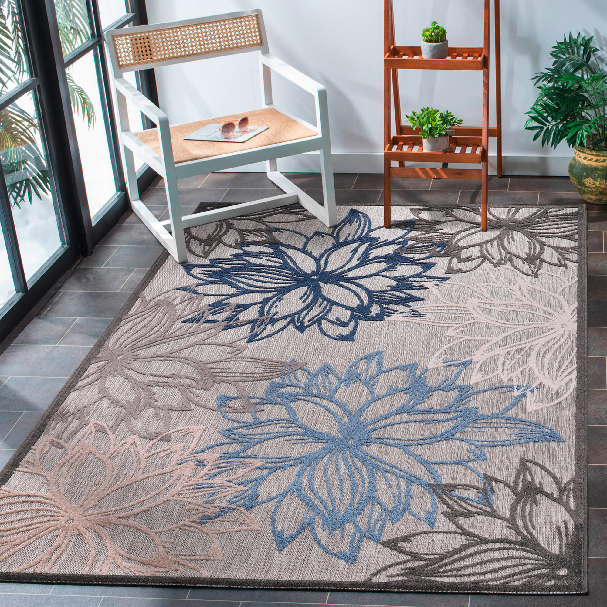 OUTDOORTEPPICH 80/150 cm Floral Grau, Blau, Weiß  - Blau/Weiß, LIFESTYLE, Kunststoff/Textil (80/150cm) - Novel