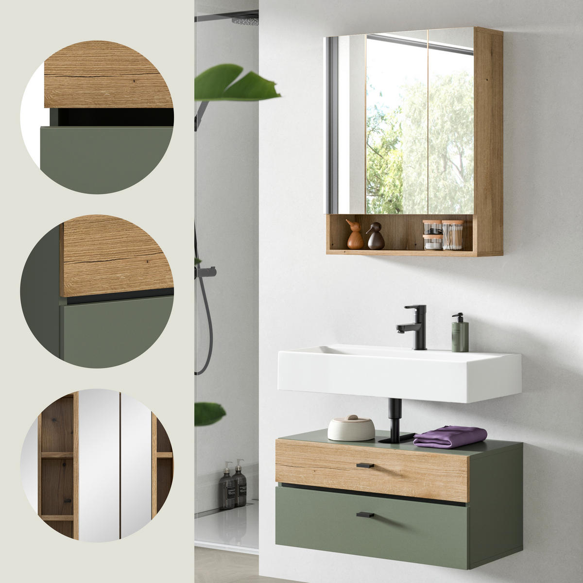 BADEZIMMER 2-teilig  in 75 cm  - Eichefarben/Schwarz, Trend, Glas/Holzwerkstoff (75cm) - MID.YOU