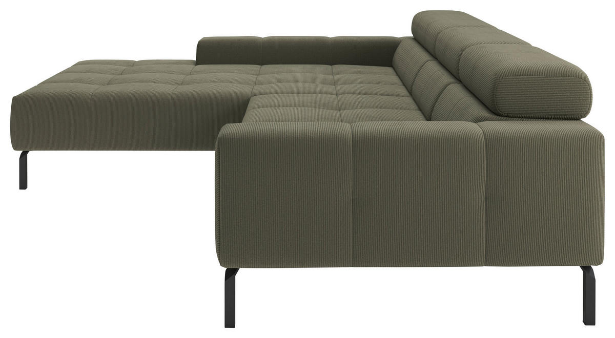 ECKSOFA Olivgrün Feincord Rücken echt, Kopfteilverstellung, Sitztiefenverstellung  - Schwarz/Olivgrün, KONVENTIONELL, Textil/Metall (226/293cm) - Hom`in