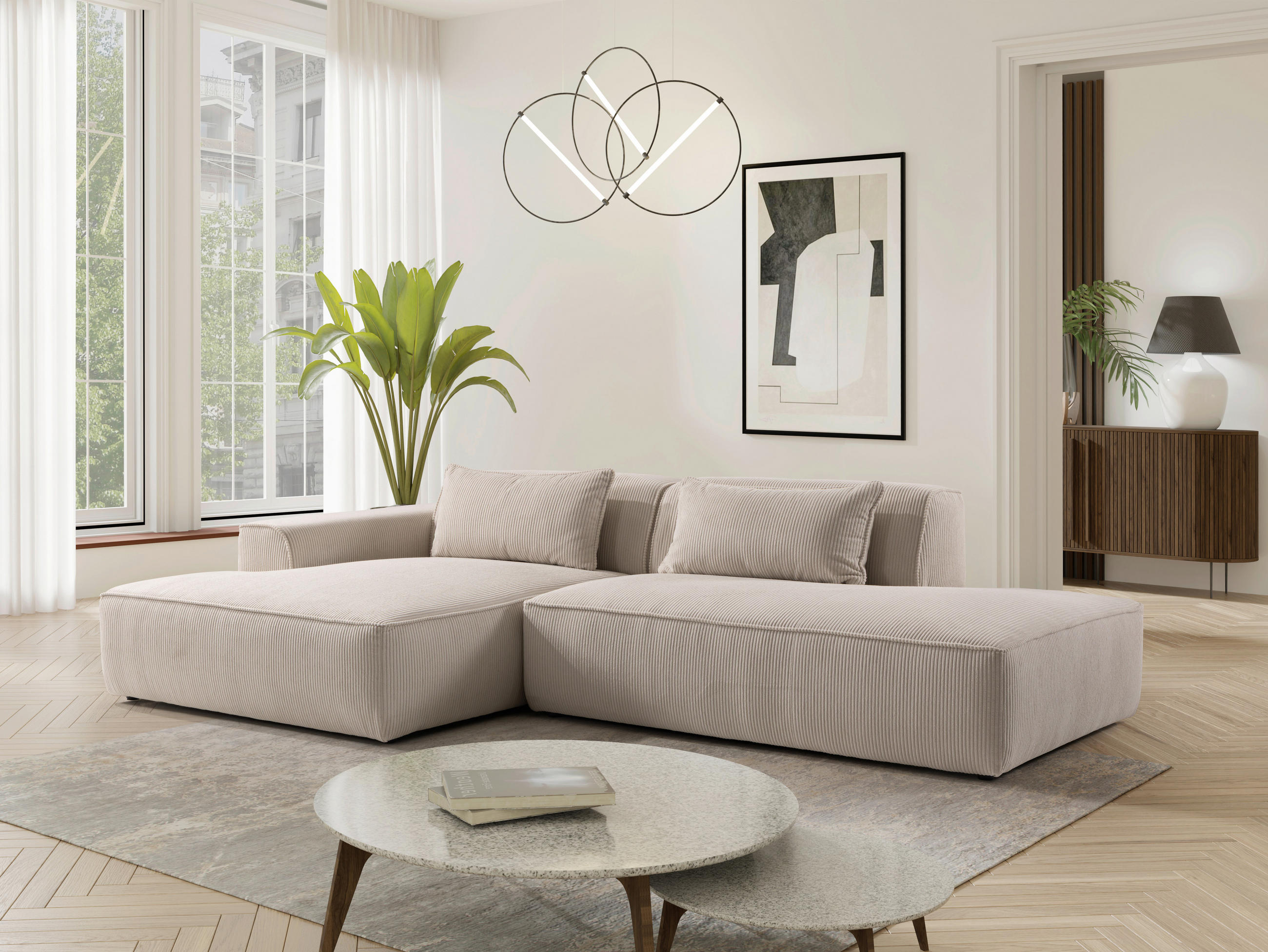 ROHOVÁ SEDAČKA, plast, textil, kompozitné drevo, béžová - čierna/béžová, Konventionell, kompozitné drevo/textil (294/165cm) - Livetastic