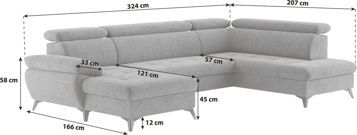 WOHNLANDSCHAFT in Dunkelgrau  - Schlammfarben/Dunkelgrau, Textil/Metall (166/324/207cm) - MID.YOU