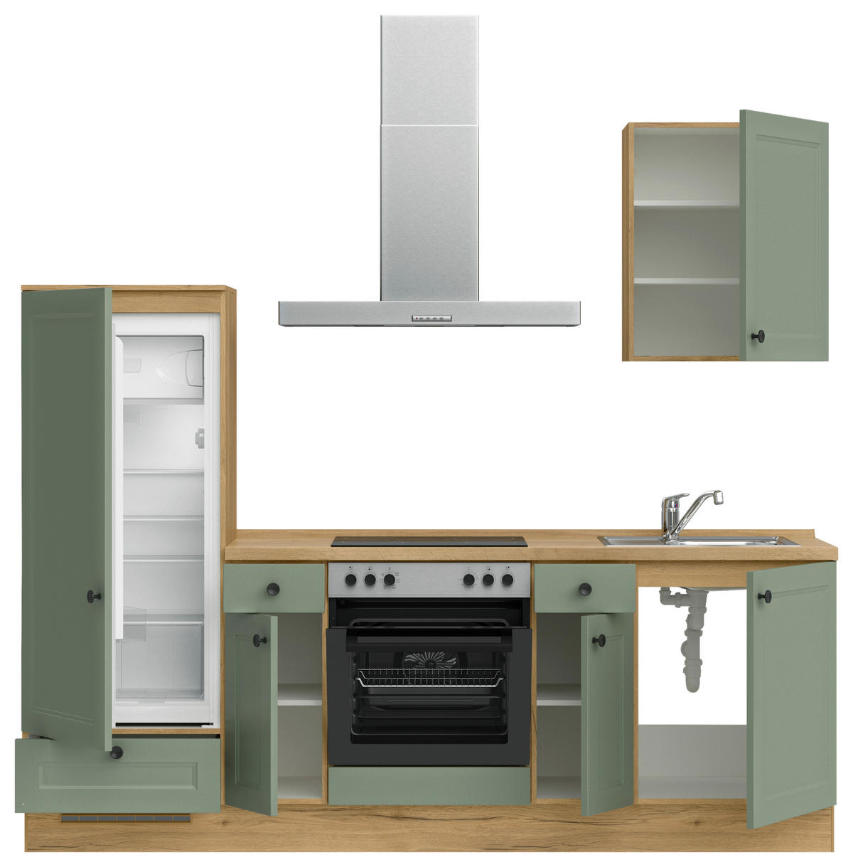 BUCĂTĂRIE FĂRĂ ELECTROCASNICE  - verde/culoare lemn stejar, Modern, metal/material pe bază de lemn (240cm) - Nobilia