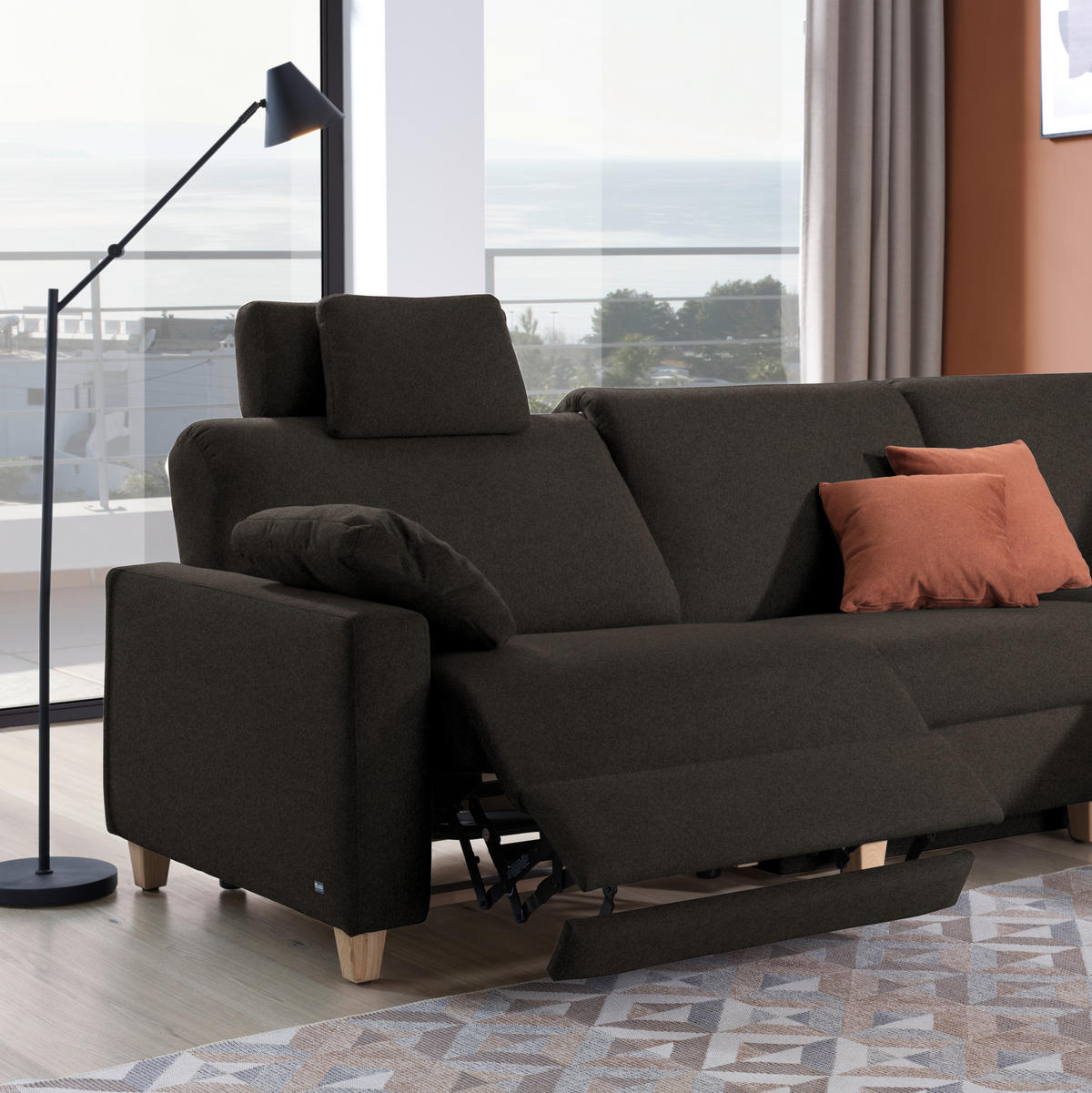 ECKSOFA in Flachgewebe Dunkelbraun  261/203 cm  - Eichefarben/Dunkelbraun, KONVENTIONELL, Holz/Textil (261/203cm) - Sedda