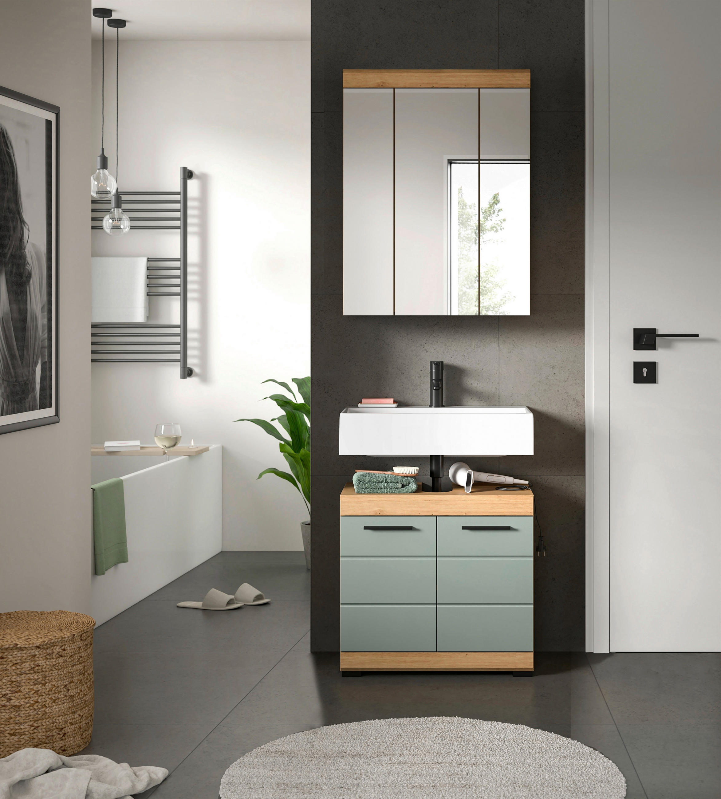 BADEZIMMER 2-teilig  in 60 cm  - Schwarz/Eiche Artisan, MODERN, Glas/Holzwerkstoff (60cm) - MID.YOU