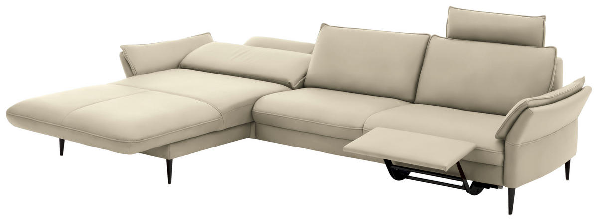 ECKSOFA Creme Echtleder  - Creme/Schwarz, Design, Leder/Metall (172/334cm) - Hukla