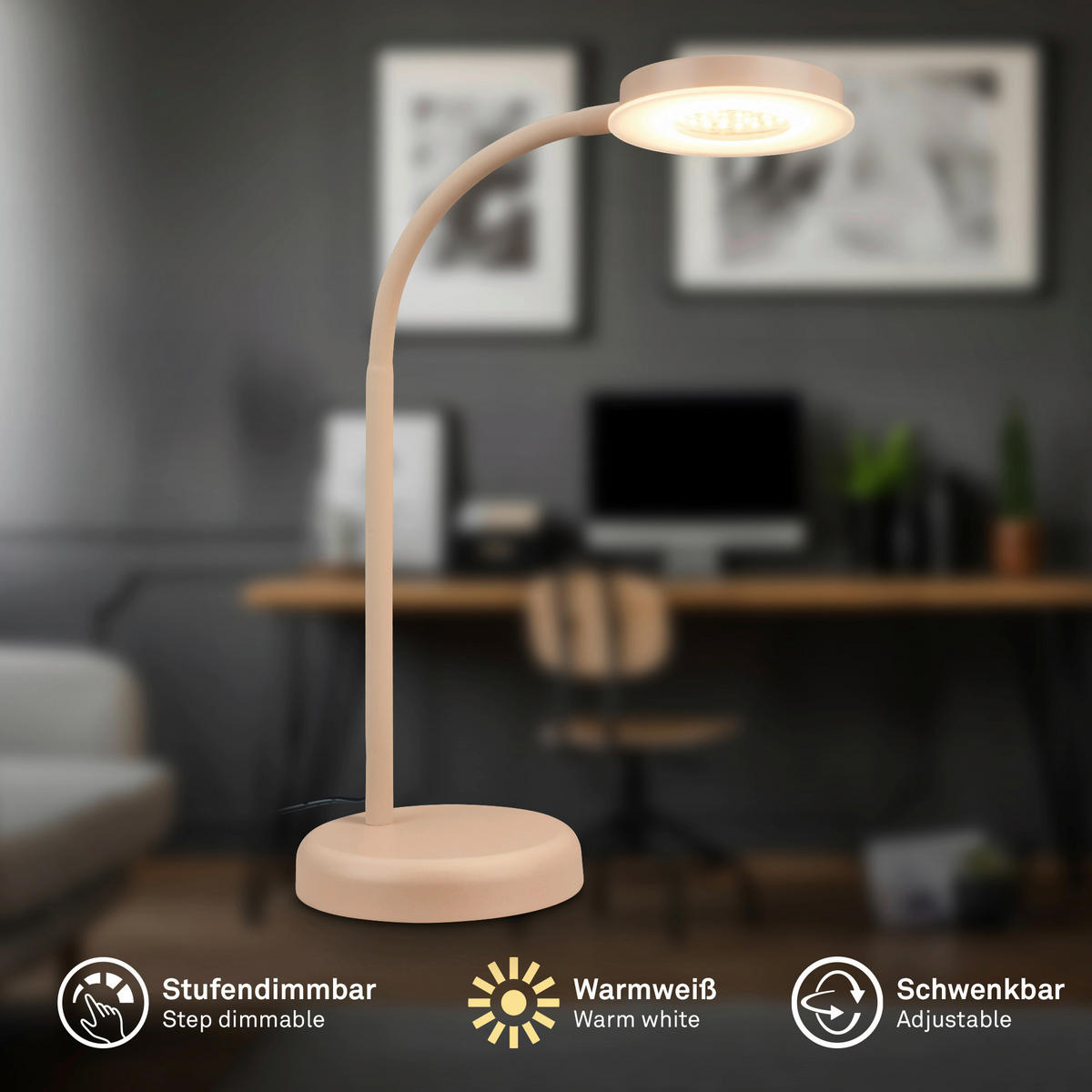 STOLNÍ LED LAMPA, dotykový stmívač, 13/55,5 cm  - béžová, Basics, kov/plast (13/55,5cm)