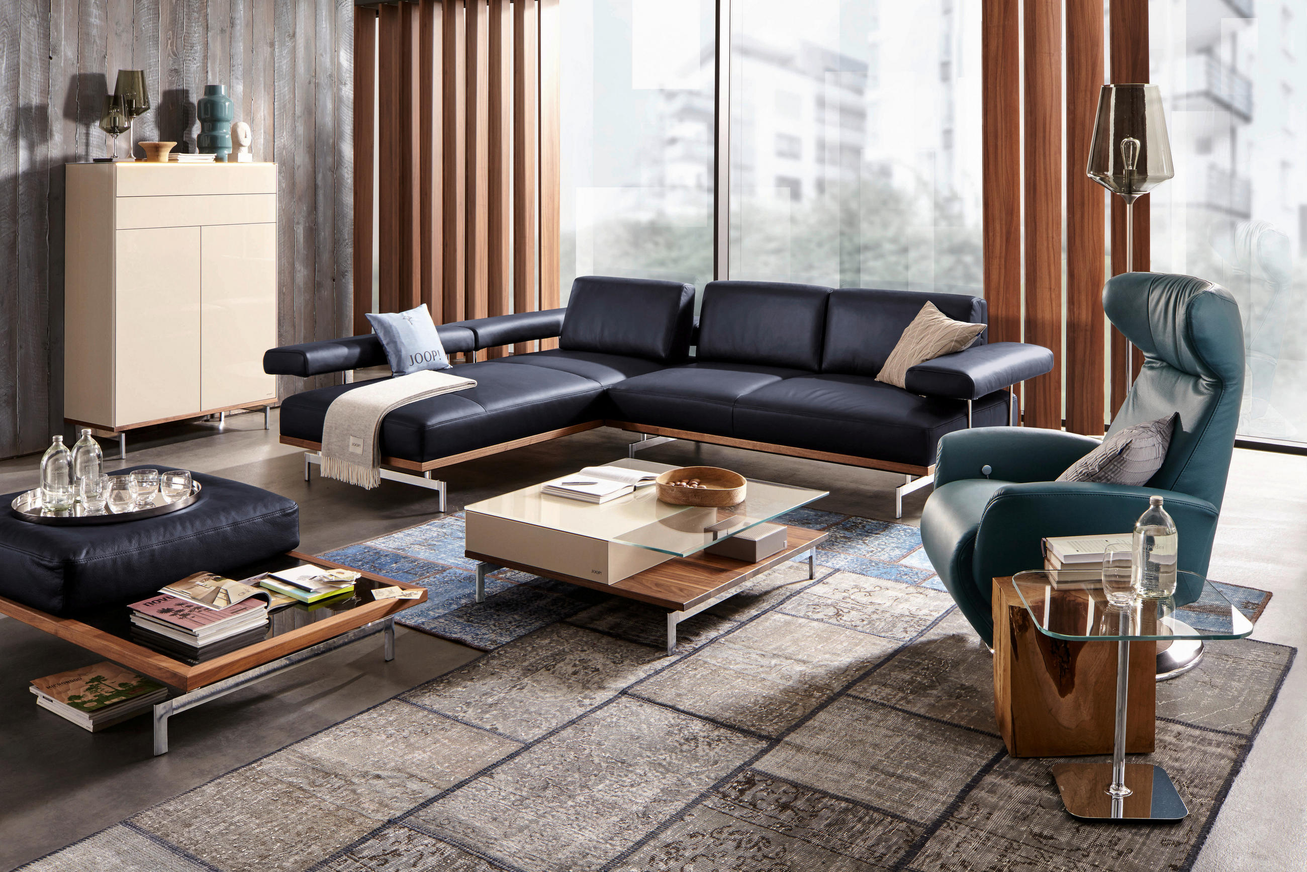 ECKSOFA in Echtleder Beige  237/295 cm  - Beige/Alufarben, Design, Leder (237/295cm) - Joop!