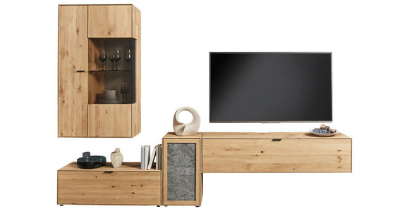 WOHNWAND 4-teilig  in Schieferfarben, Wildeiche  298,2/206,6/37,1 cm  - Wildeiche/Schieferfarben, Natur, Glas/Holz (298,2/206,6/37,1cm) - Valnatura