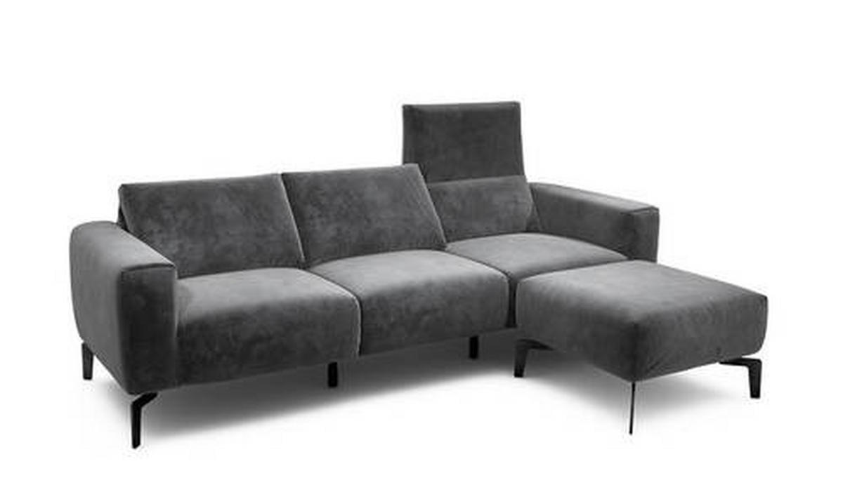 Dreisitzer inkl. Hocker in Samt Anthrazit  - Anthrazit/Schwarz, Design, Textil/Metall (250/86/86-94cm) - SENSOO