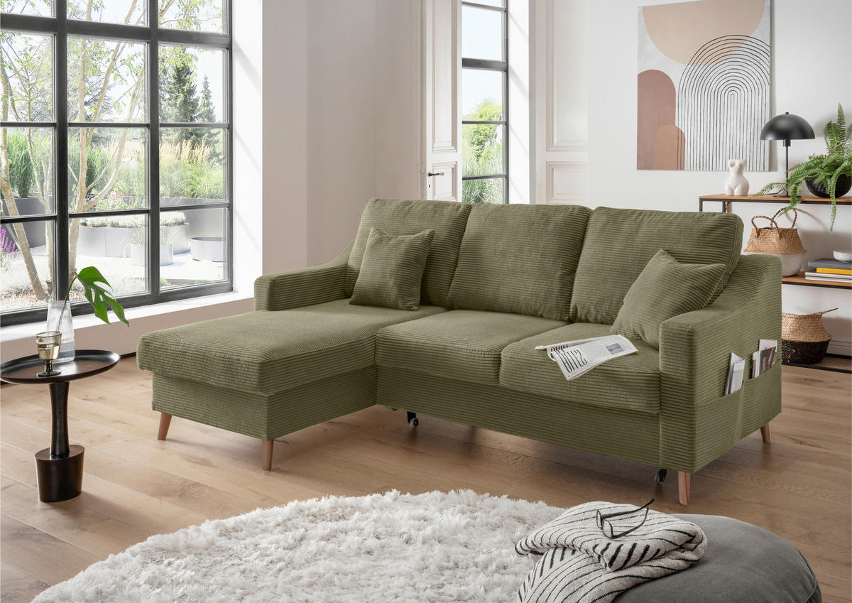 Ecksofa "VALENTINA" in Cord Olivgrün  - Naturfarben/Olivgrün, Design, Holz/Textil (150/228cm) - P & B