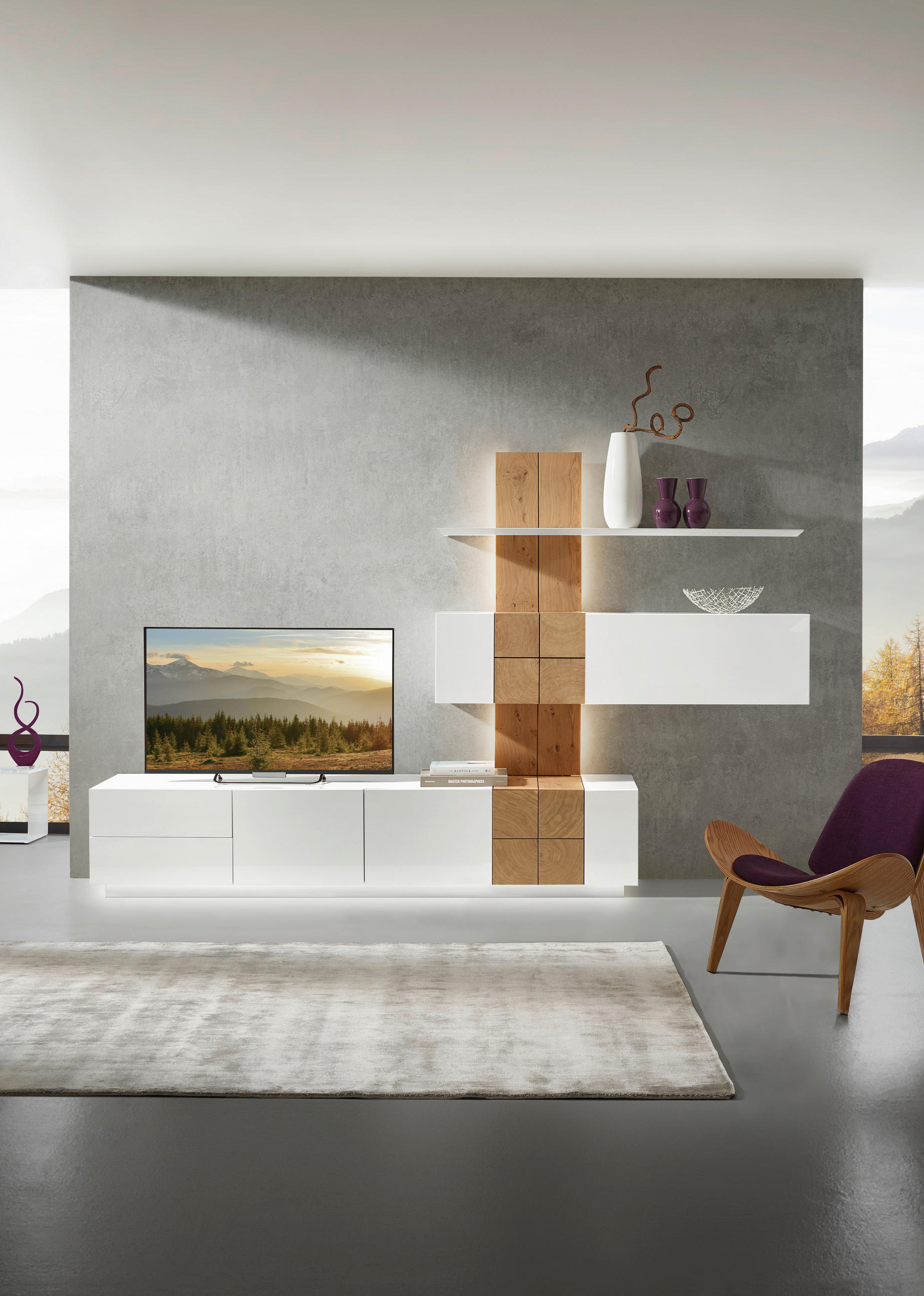 WOHNWAND  in Weiss, Eichefarben 305/190/52 cm  - Weiss/Eichefarben, Design, Holz/Holzwerkstoff (305/190/52cm) - Ambiente