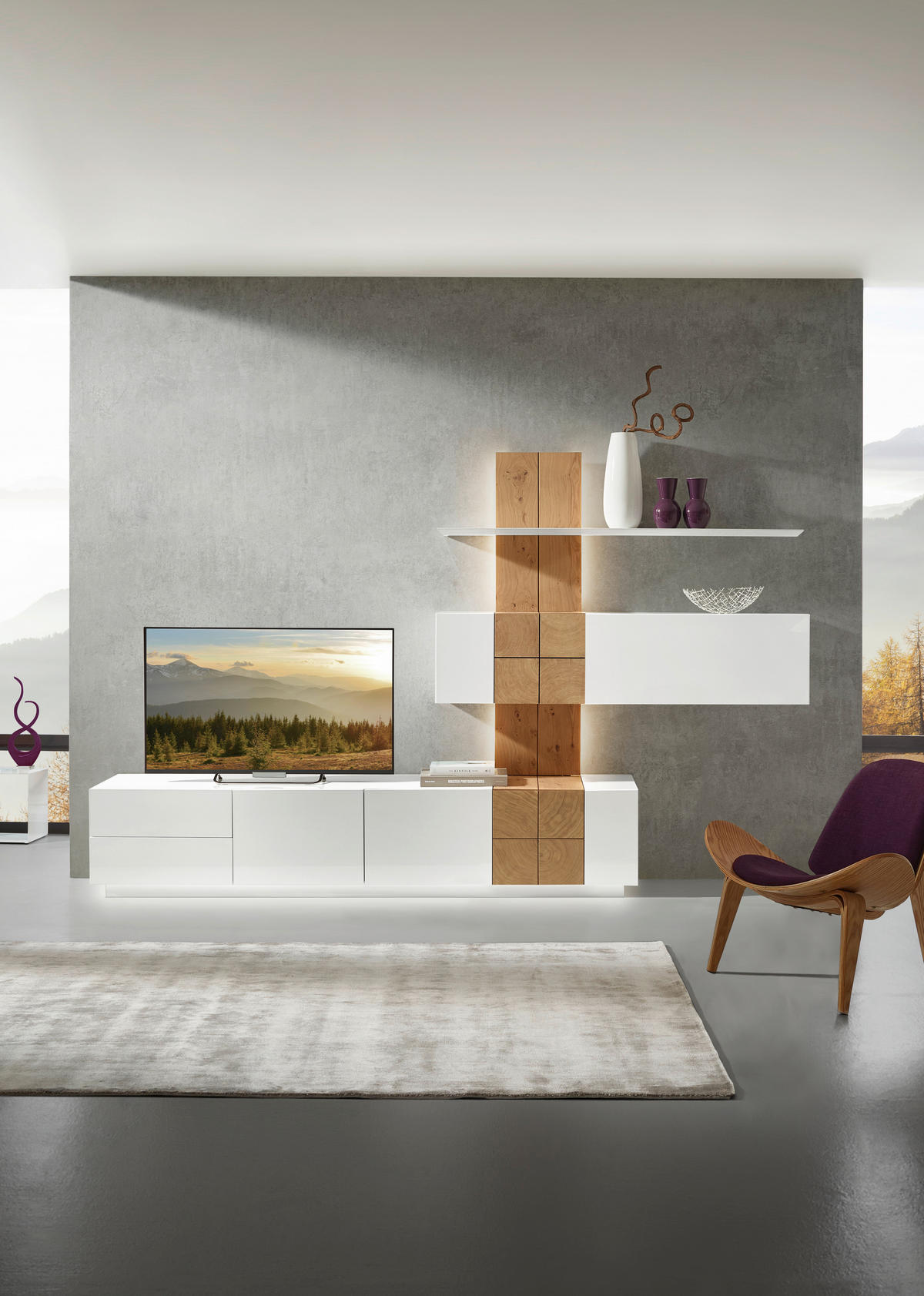 WOHNWAND  in Weiss, Eichefarben 305/190/52 cm  - Weiss/Eichefarben, Design, Holz/Holzwerkstoff (305/190/52cm) - Ambiente