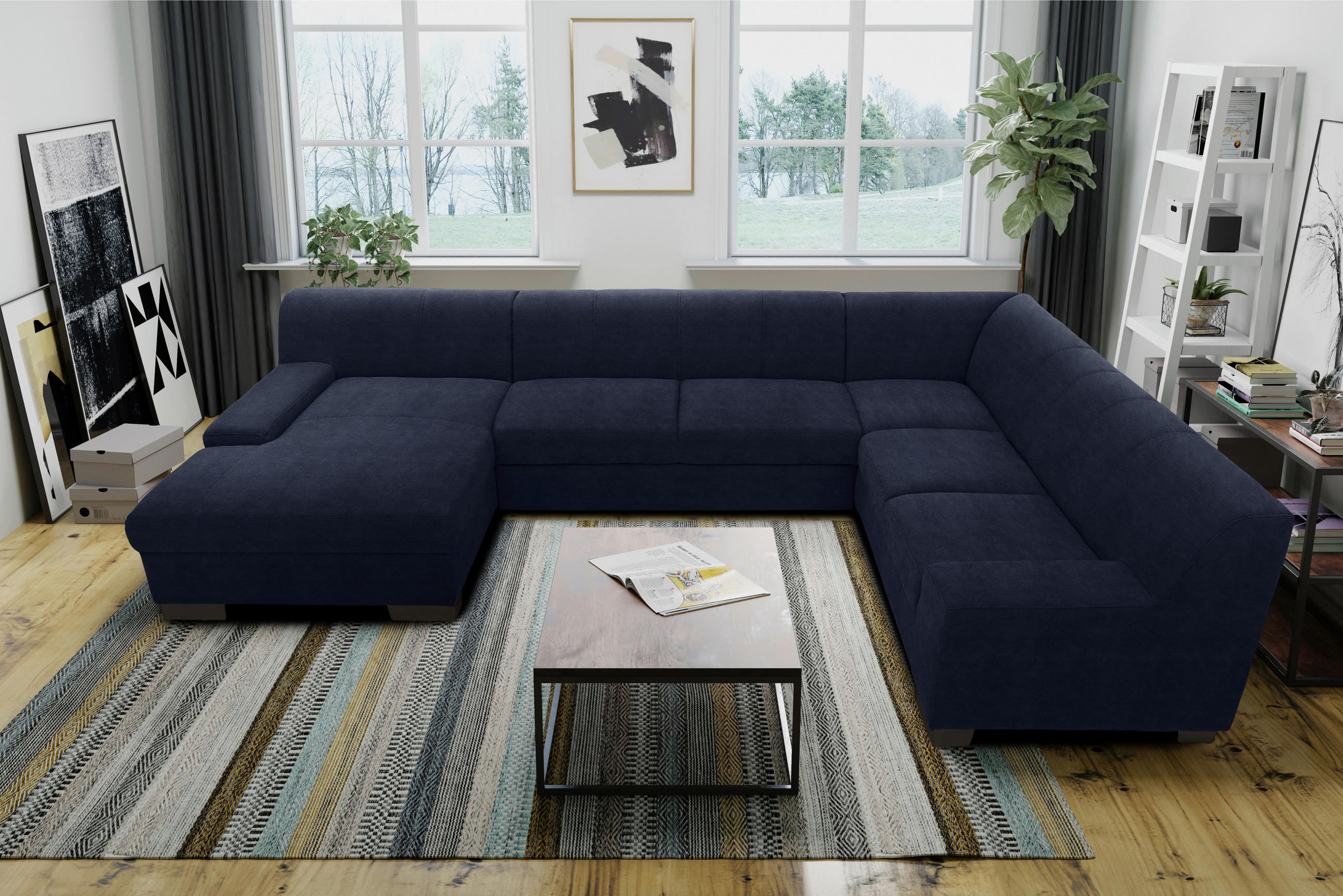 WOHNLANDSCHAFT Blau Webstoff - Wengefarben/Blau, Design, Holz/Textil (153/328/212cm) - MID.YOU
