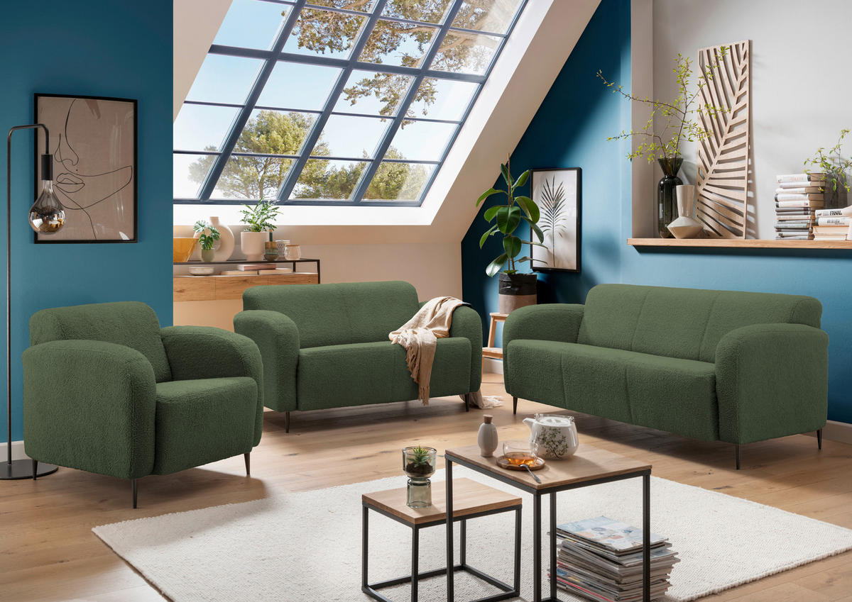 3-SITZER-SOFA in Teddystoff Dunkelgrün  - Dunkelgrün/Schwarz, Modern, Textil/Metall (180/76/90cm) - Livetastic