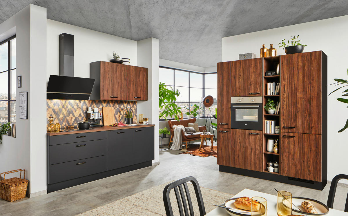 EINBAUKÜCHE   - Nussbaumfarben/Schwarz, Design, Holzwerkstoff - Celina