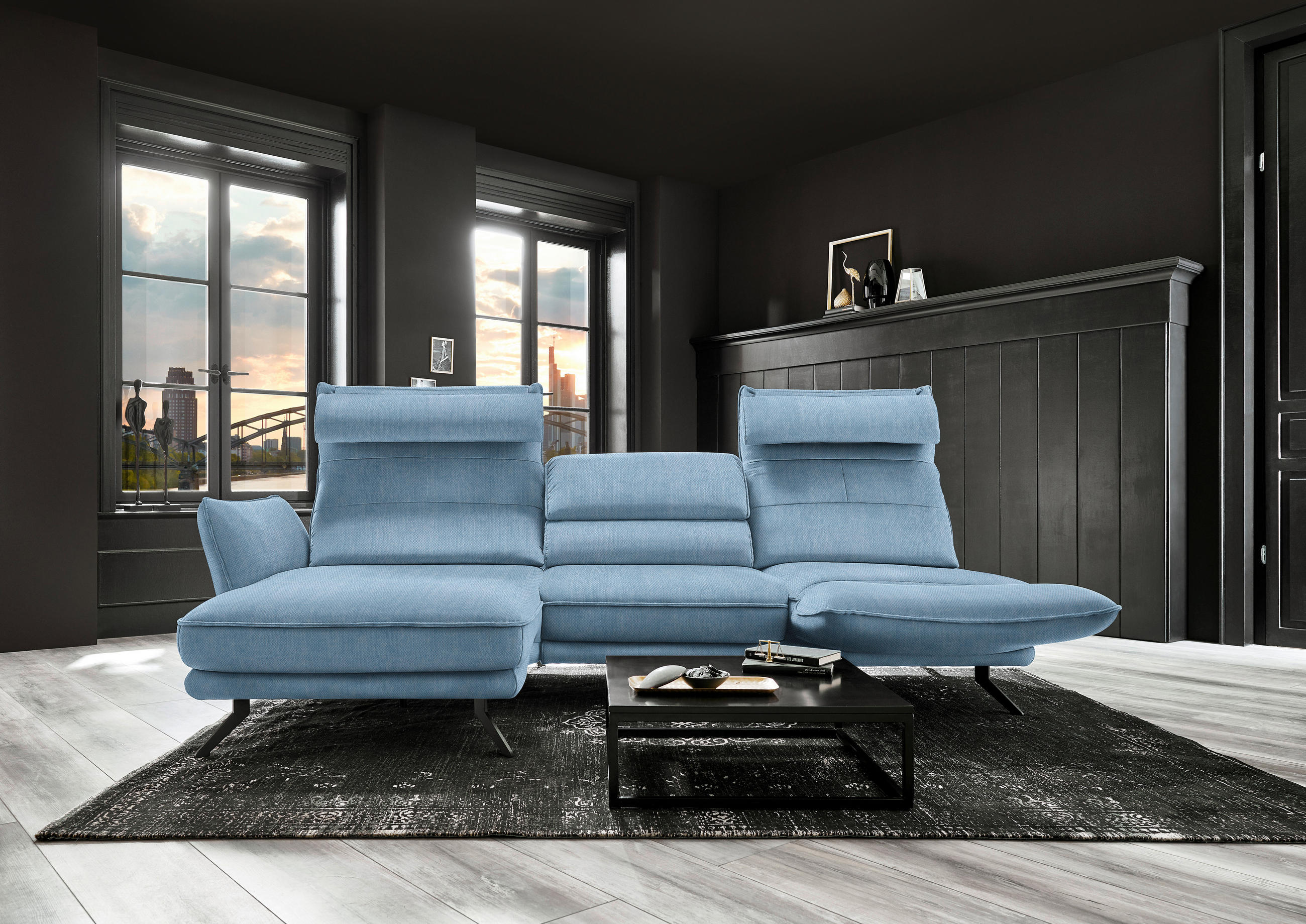 ECKSOFA in Velours Hellblau  - Schwarz/Hellblau, Design, Textil/Metall (153/283cm) - Valdera