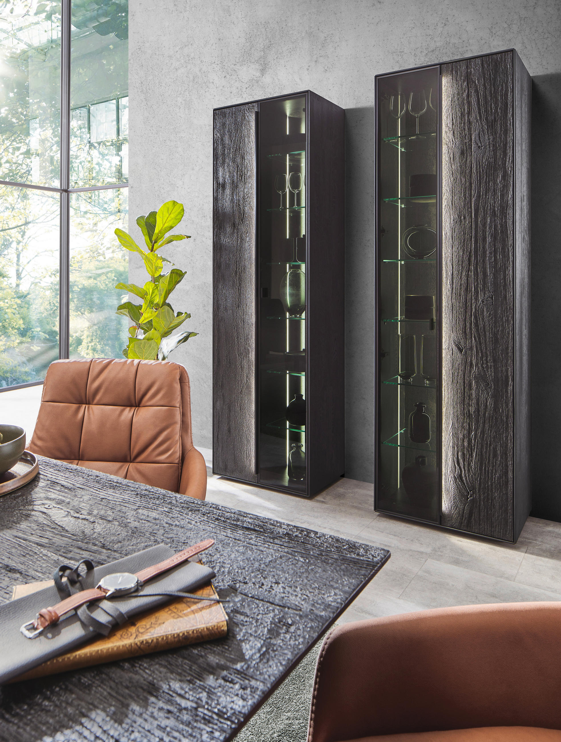 VITRINE Schwarz, Eichefarben  62/205,5/39,5 cm  - Eichefarben/Anthrazit, Natur, Glas/Holz (62/205,5/39,5cm) - Valnatura