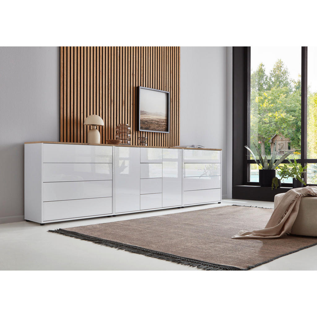 Thumbnail - Mid.you Sideboard Mailand Set 12, Weiß, Eiche Artisan, Weiß Hochglanz, Holzwerkstoff, 2 Fächer, 12 Schubladen, 263.5x73x...