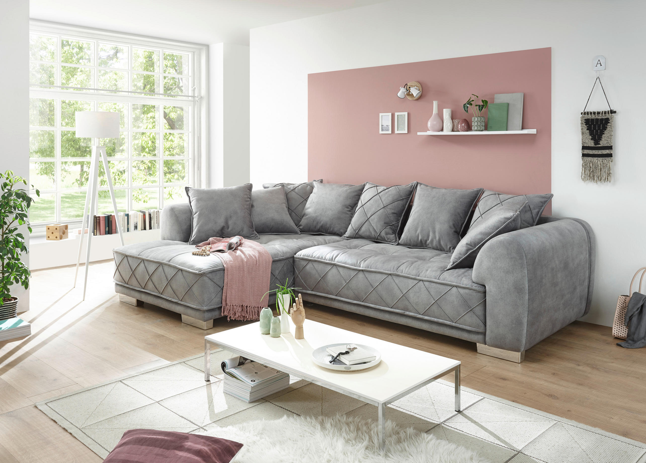 ECKSOFA in Mikrovelours Grau  319/194 cm  - Silberfarben/Grau, Basics, Kunststoff/Textil (319/194cm) - MID.YOU