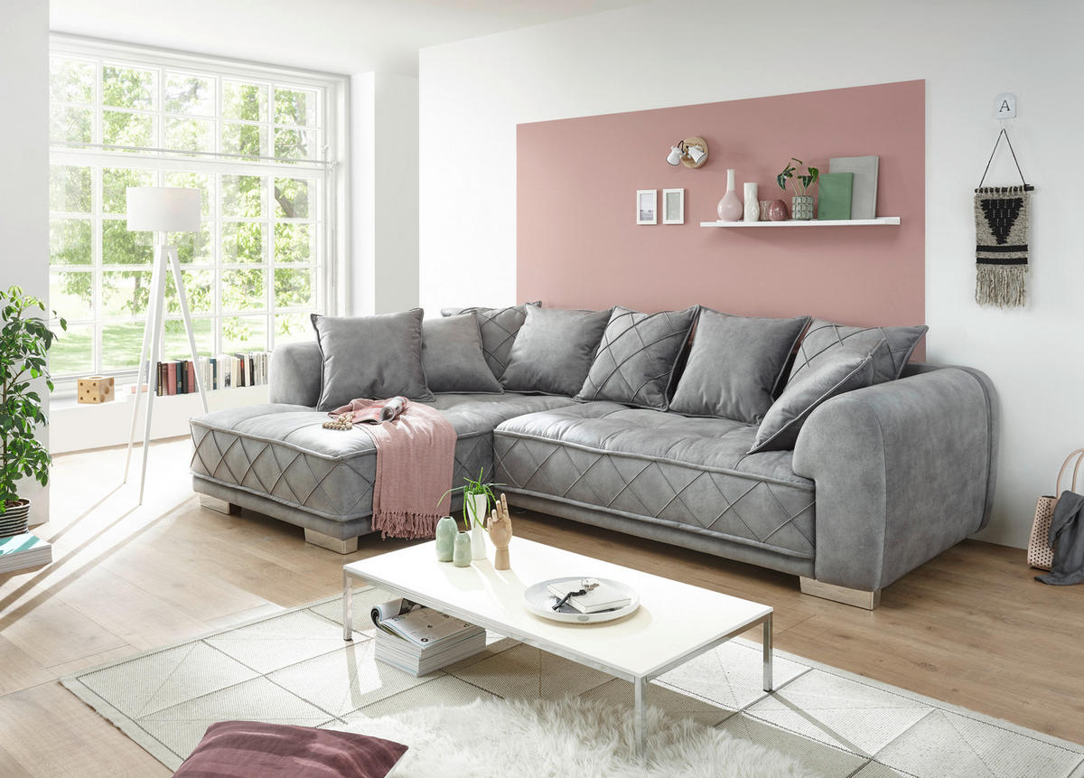 ECKSOFA in Mikrovelours Grau  319/194 cm  - Silberfarben/Grau, Basics, Kunststoff/Textil (319/194cm) - MID.YOU