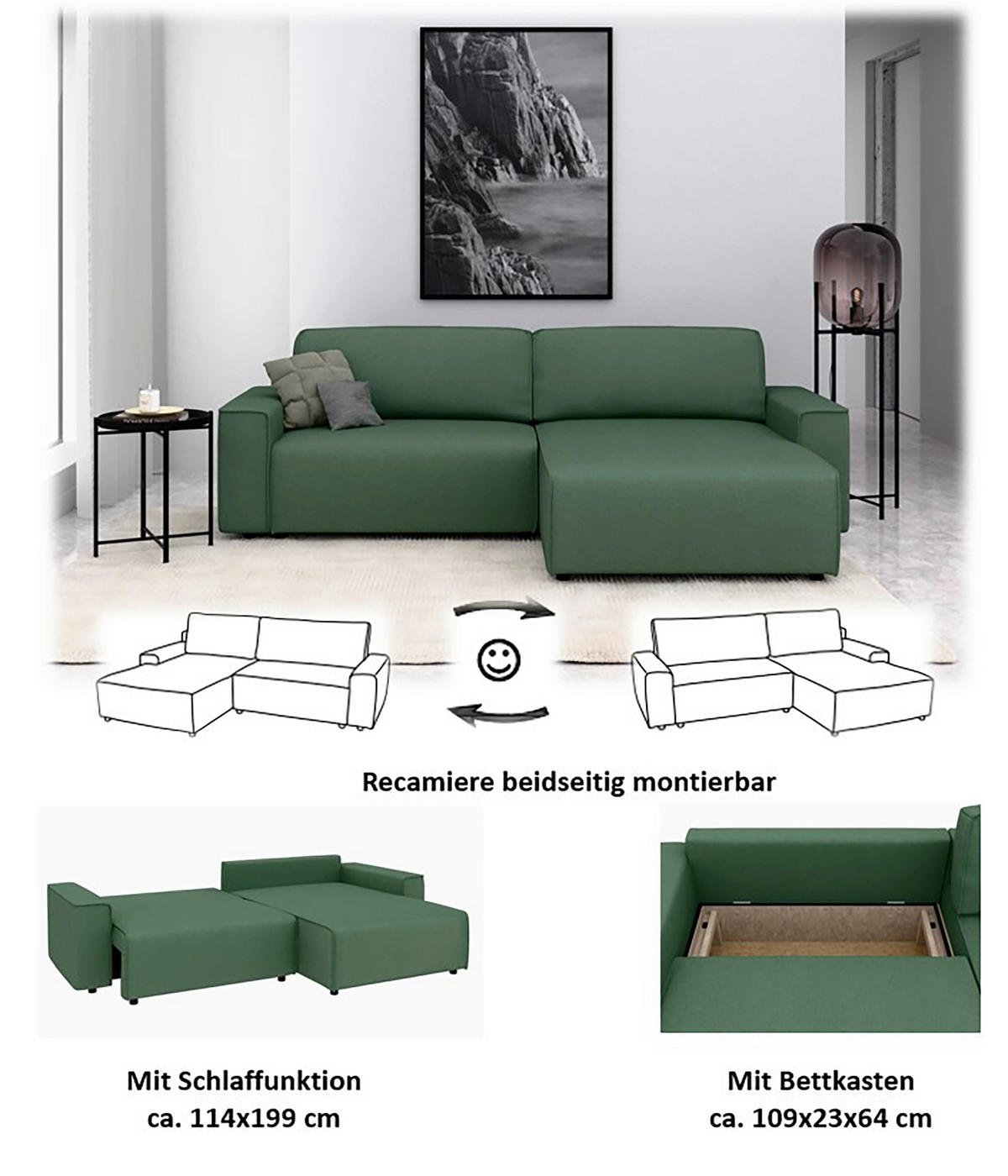 ECKSOFA in Struktur Dunkelgrün  - Dunkelgrün/Schwarz, Modern, Kunststoff/Textil (265/164cm) - Trendmanufaktur