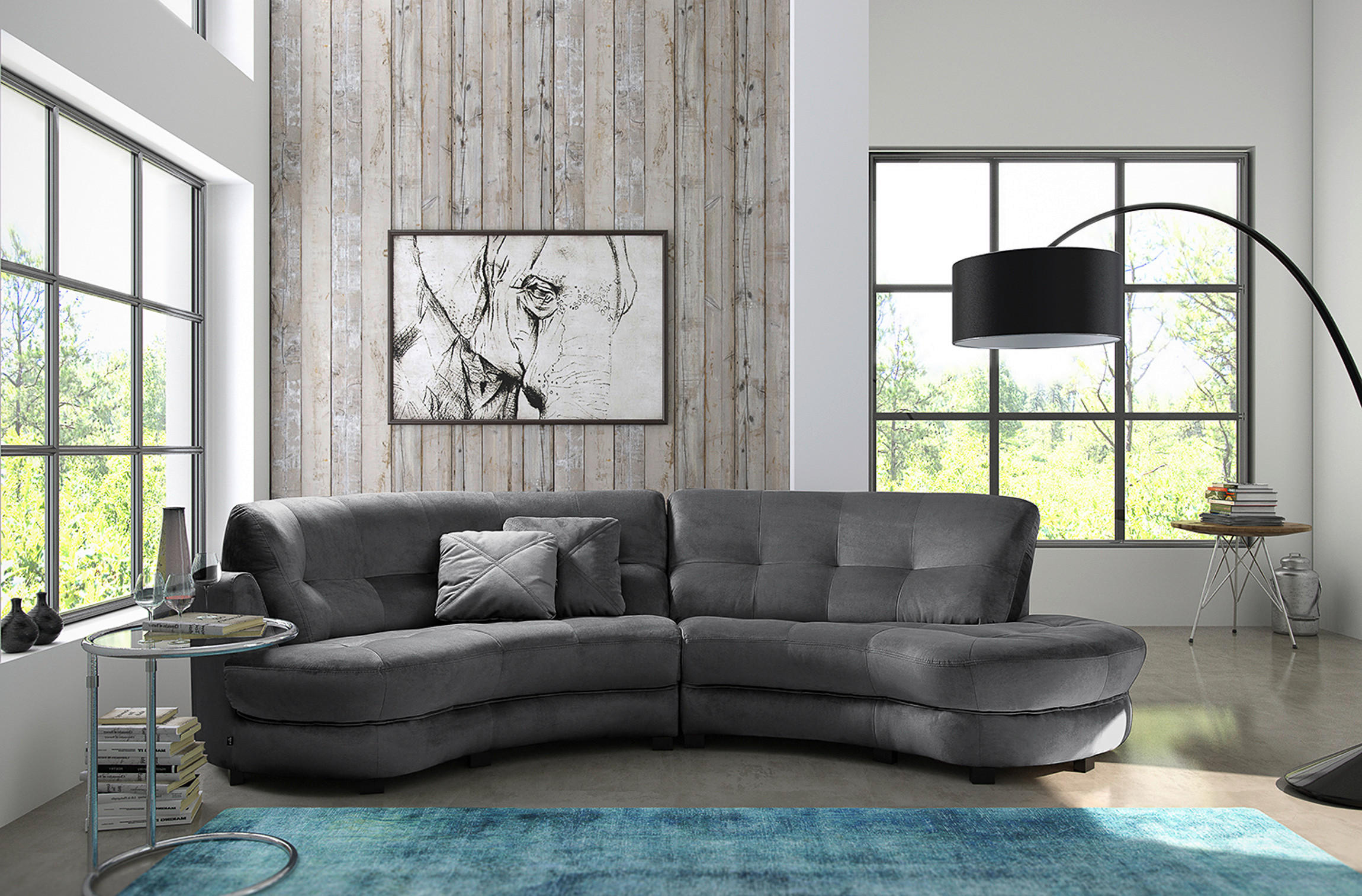 ECKSOFA in Samt Anthrazit  300/113 cm  - Anthrazit/Schwarz, Design, Kunststoff/Textil (300/113cm) - Livetastic