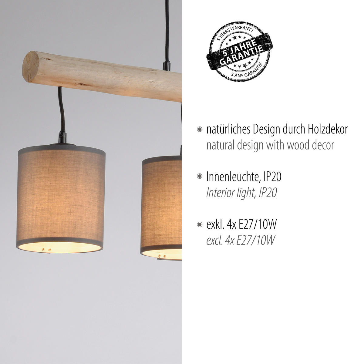 PENDELLEUCHTE Tribu 82,5/13,5/60-120 cm   - Taupe/Schwarz, Natur, Holz/Kunststoff (82,5/13,5/60-120cm)