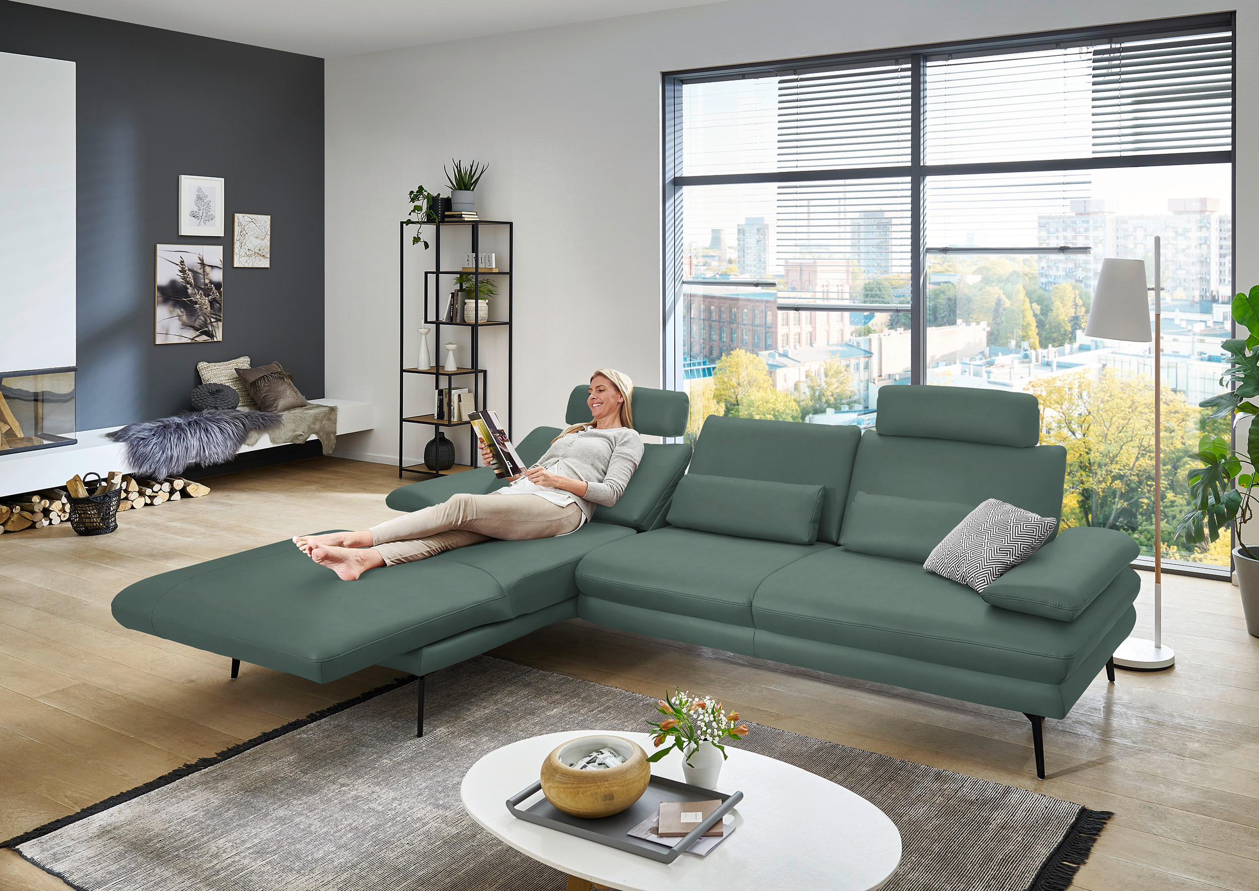ECKSOFA in Echtleder Opal  - Opal/Schwarz, Design, Leder/Metall (180/310cm) - Dieter Knoll