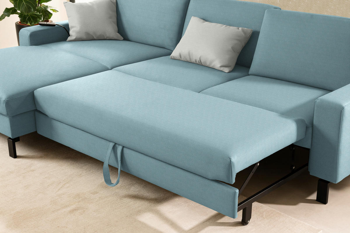 ECKSOFA  in Cord Hellblau Rücken echt, Sitztiefenverstellung  185/298 cm  - Schwarz/Hellblau, Design, Textil/Metall (185/298cm) - Pure Home Lifestyle