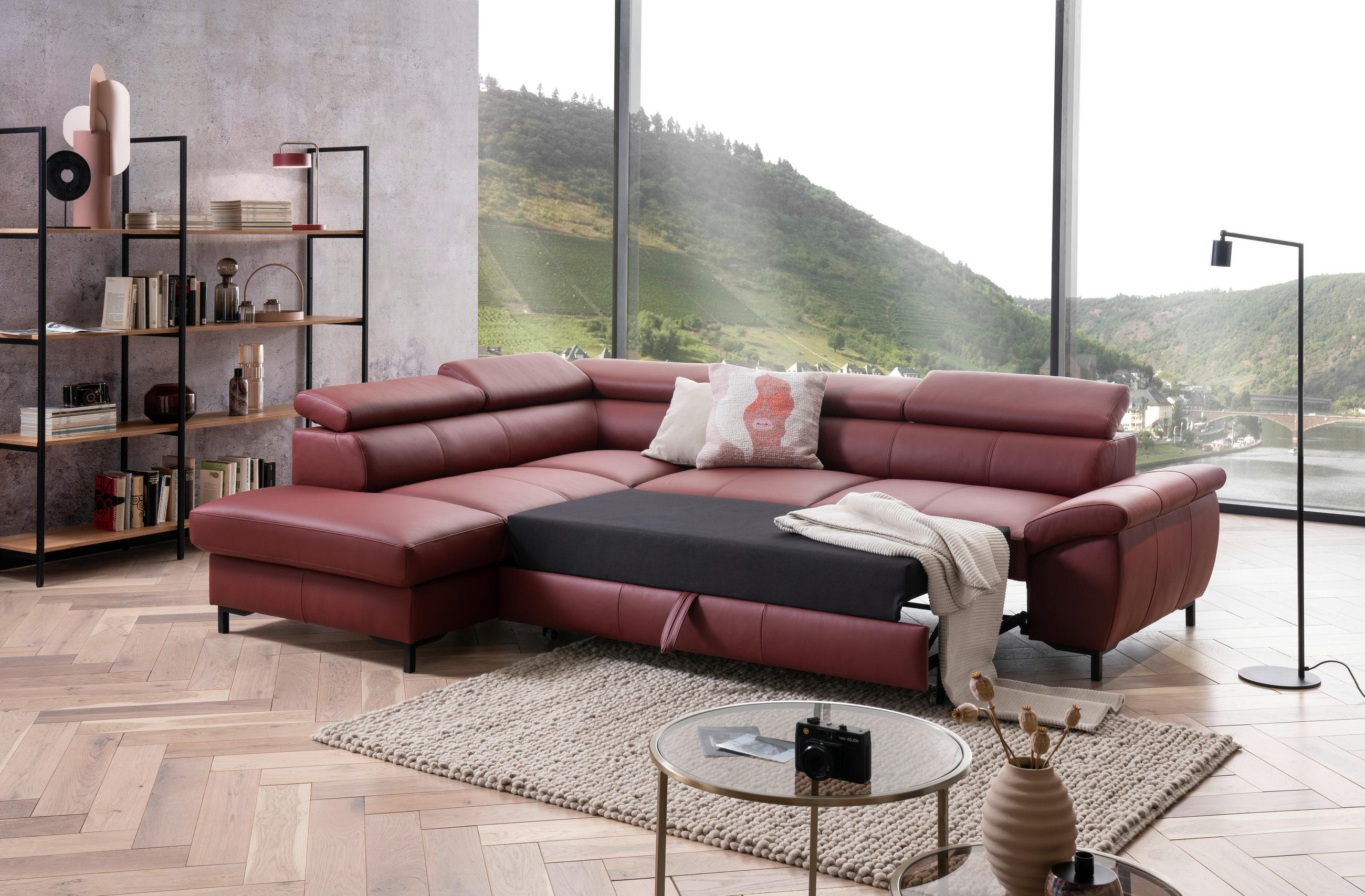 ROHOVÁ SEDACIA SÚPRAVA, koža, bordová - čierna/bordová, Design, kov/koža (213/268cm) - Celina Home