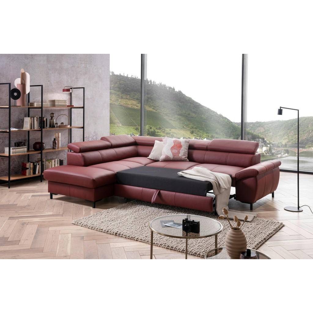 Thumbnail - Xxxl Ecksofa, Bordeaux, Leder, Echtleder, Rindleder, 3-Sitzer, Ottomane links, L-Form, 268x213 cm, Goldenes M, Bettkaste...