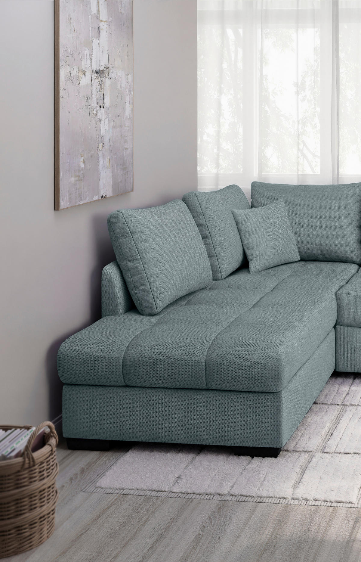 ECKSCHLAFSOFA in Chenille Mintgrün  - Schwarz/Mintgrün, MODERN, Holz/Textil (202/298cm) - MID.YOU