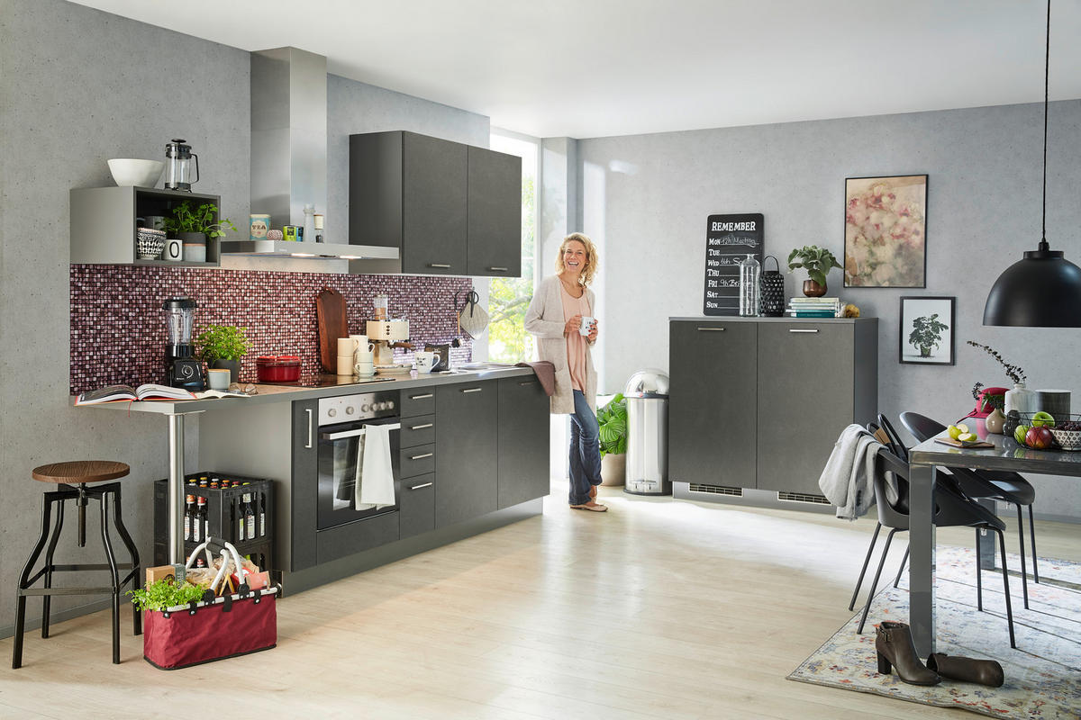 KÜCHENLEERBLOCK   in Anthrazit, Dunkelgrau  - Edelstahlfarben/Dunkelgrau, Design, Holzwerkstoff/Metall (295/120cm) - Welnova