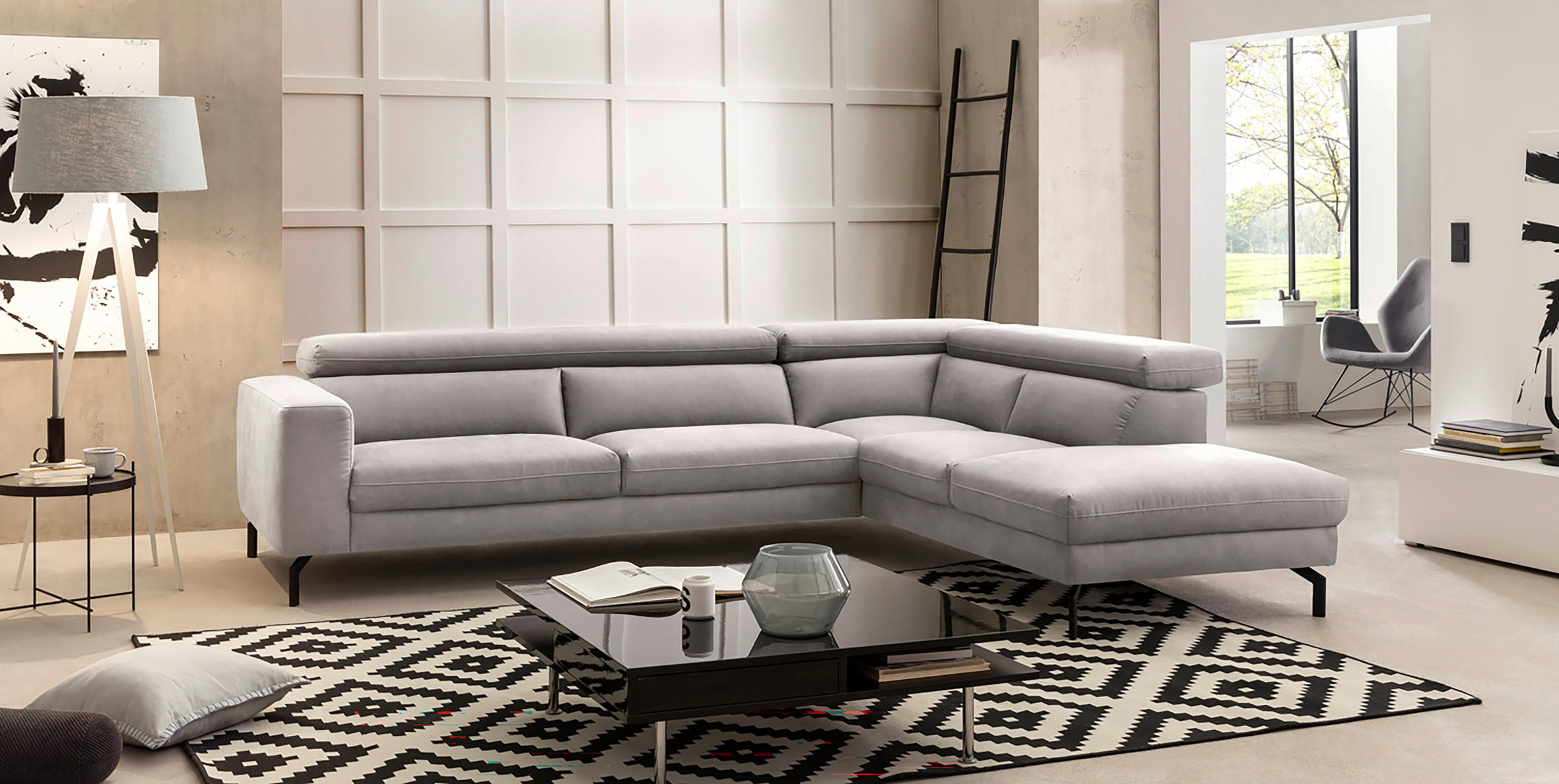 ECKSOFA CALIFORNIA Silberfarben Mikrofaser  - Silberfarben/Schwarz, MODERN, Textil/Metall (305/233cm) - Trendmanufaktur