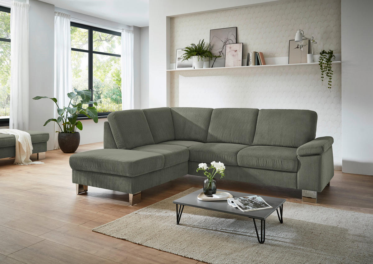 ECKSOFA in Cord Olivgrün  - Edelstahlfarben/Olivgrün, Konventionell, Textil/Metall (200/248cm) - Beldomo System