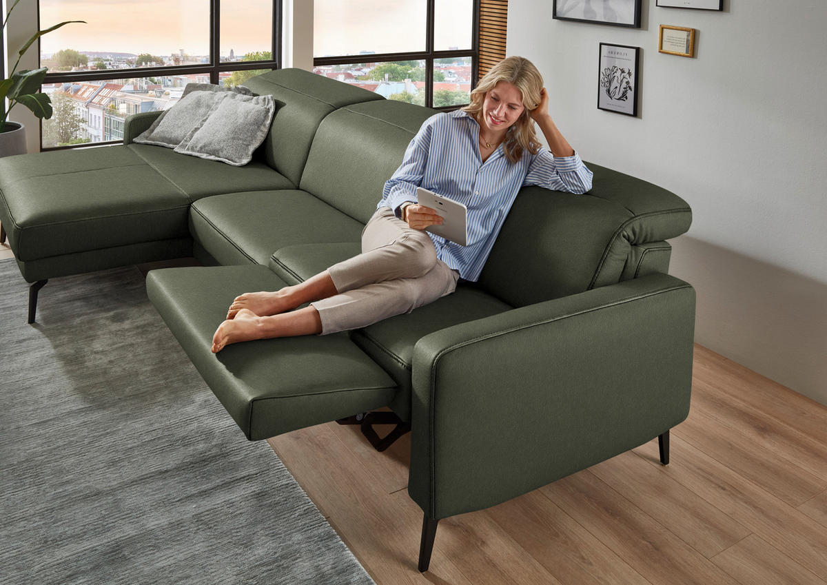 ECKSOFA  Echtleder Graugrün  - Schwarz/Graugrün, Design, Leder/Metall (179/323cm) - Dieter Knoll