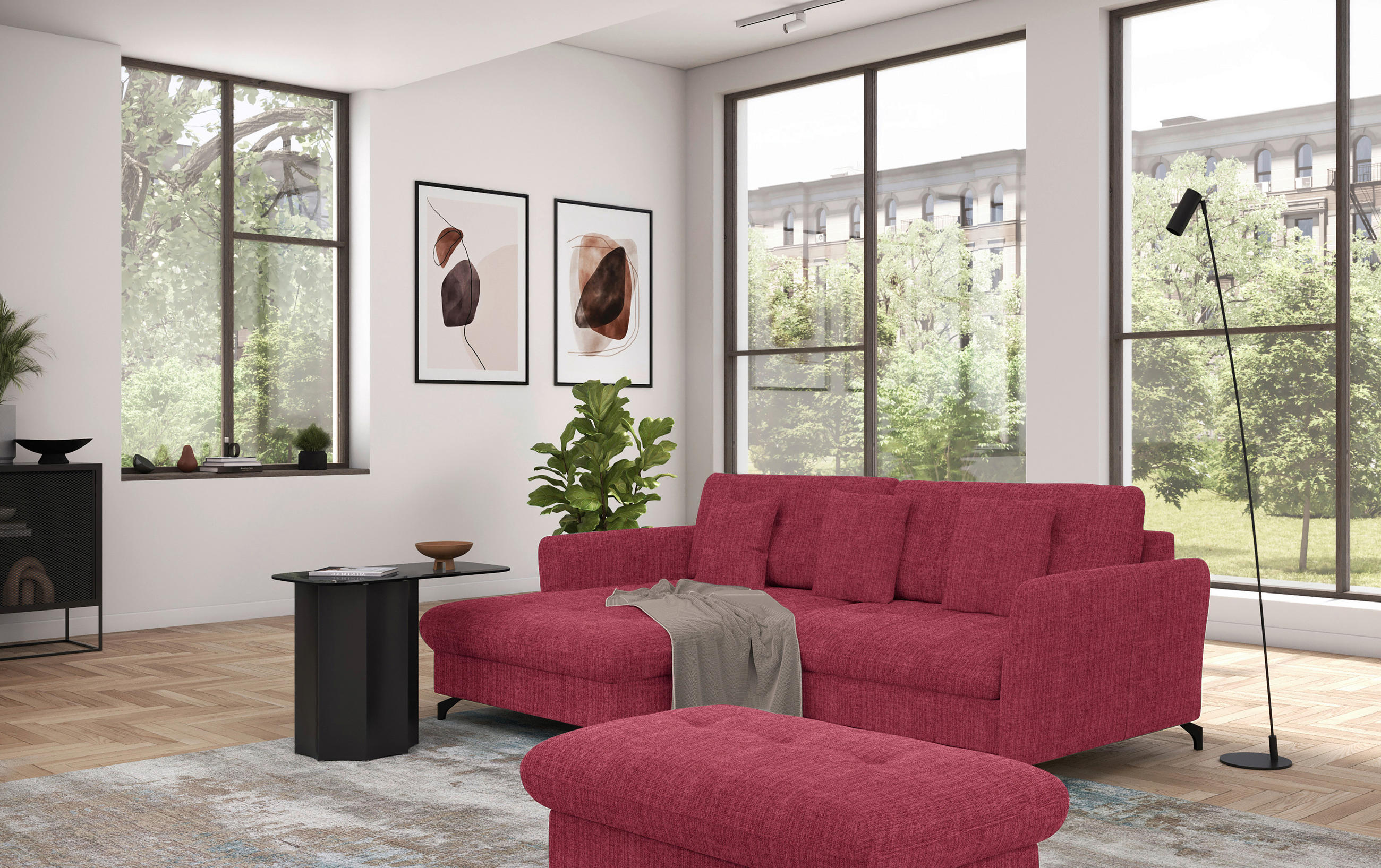 ECKSOFA in Flachgewebe, Leinenoptik Rot  - Rot/Schwarz, Design, Textil/Metall (170/242cm) - Xora