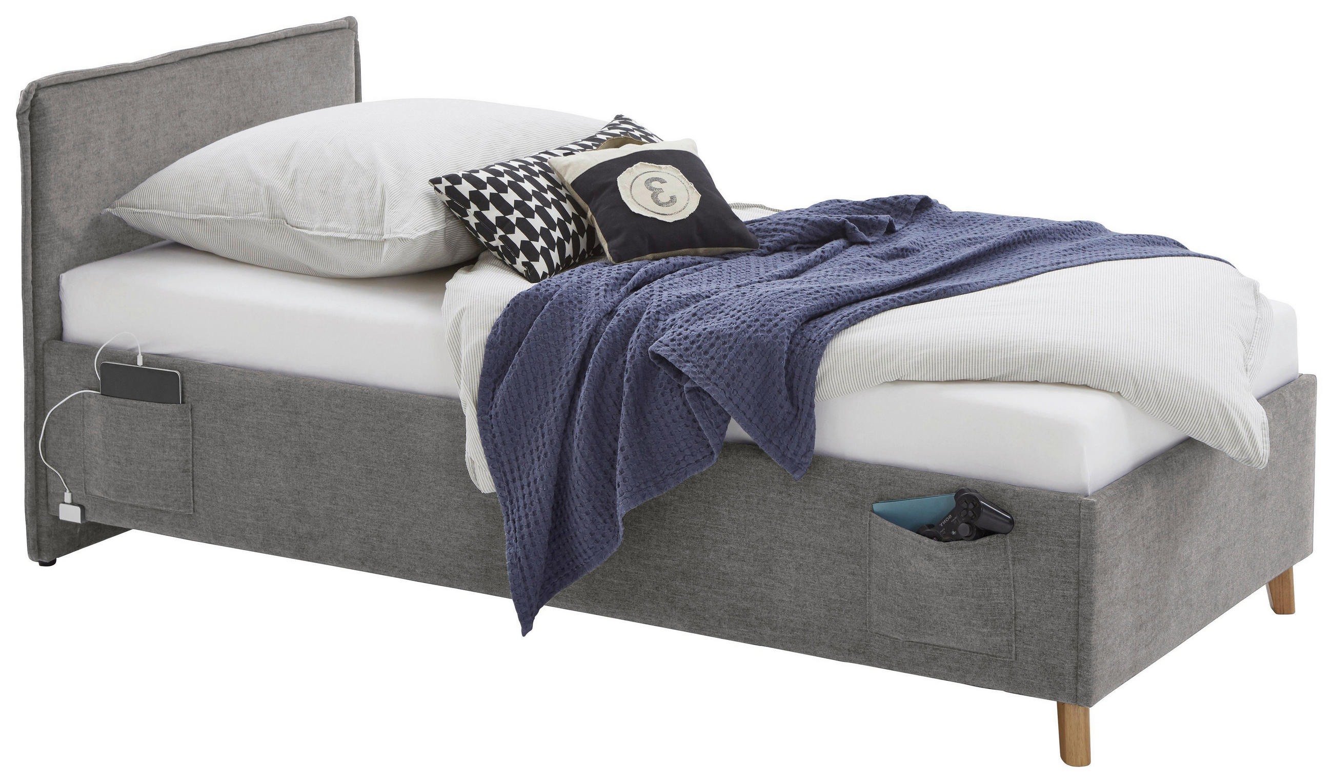 POLSTERBETT Lattenrost, Bettkasten 90/200 cm  in Grau  - Eichefarben/Birkefarben, KONVENTIONELL, Holz/Textil (90/200cm) - Stylife