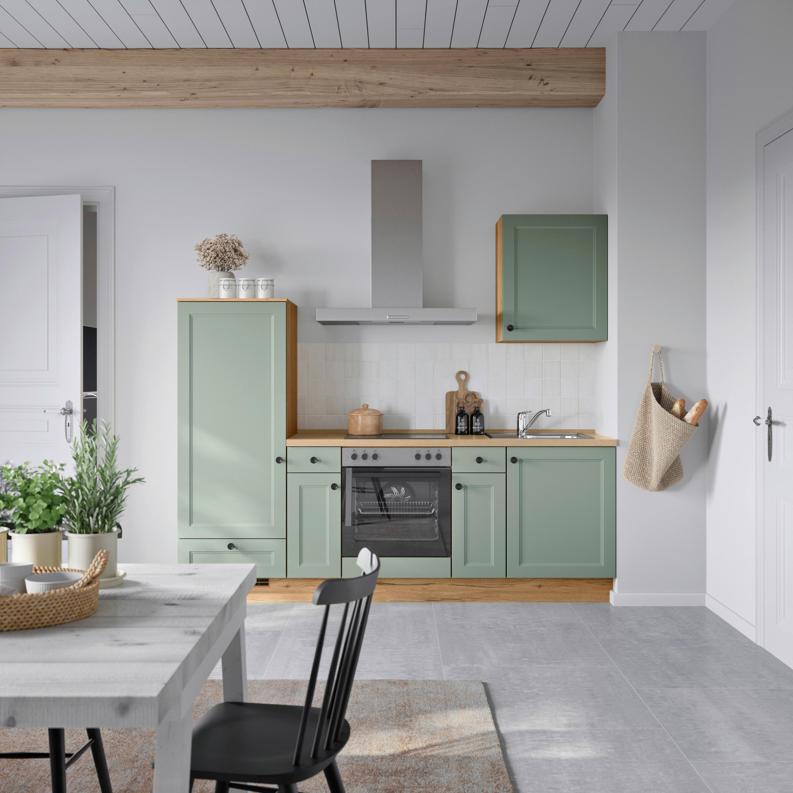 BUCĂTĂRIE FĂRĂ ELECTROCASNICE  - verde/culoare lemn stejar, Modern, metal/material pe bază de lemn (240cm) - Nobilia