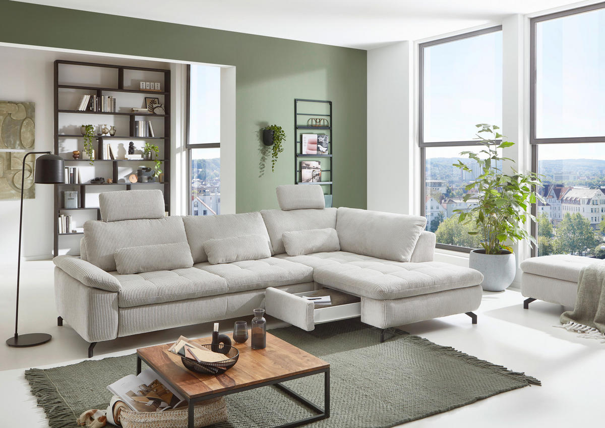 ECKSOFA in Cord, Velours Ecru  - Ecru/Schwarz, Design, Textil/Metall (291/197cm) - Beldomo Style