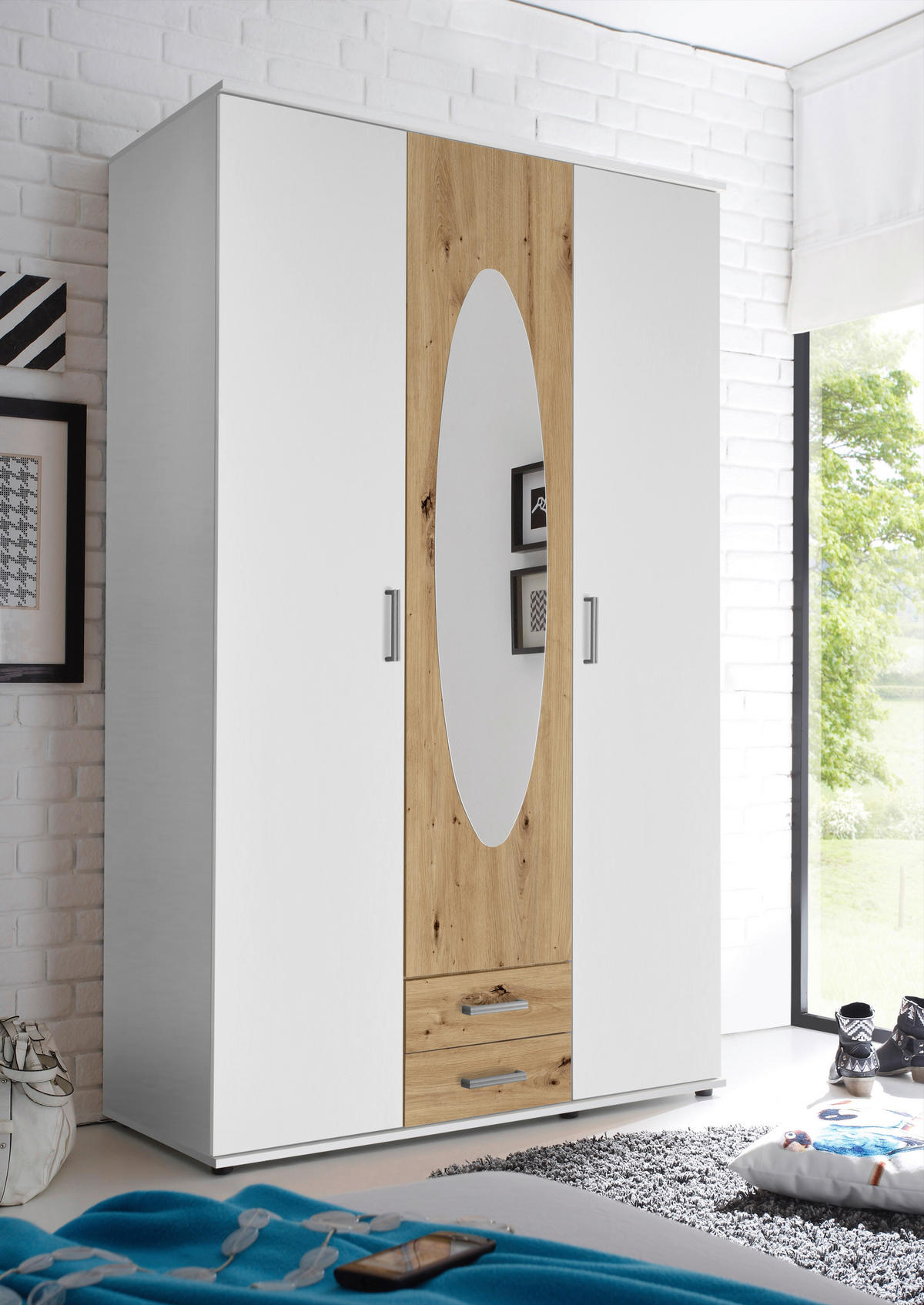 DREHTÜRENSCHRANK 120/195/55 cm 3-türig Weiß, Eiche Artisan  - Alufarben/Weiß, ROMANTIK / LANDHAUS, Glas/Holzwerkstoff (120/195/55cm) - P & B